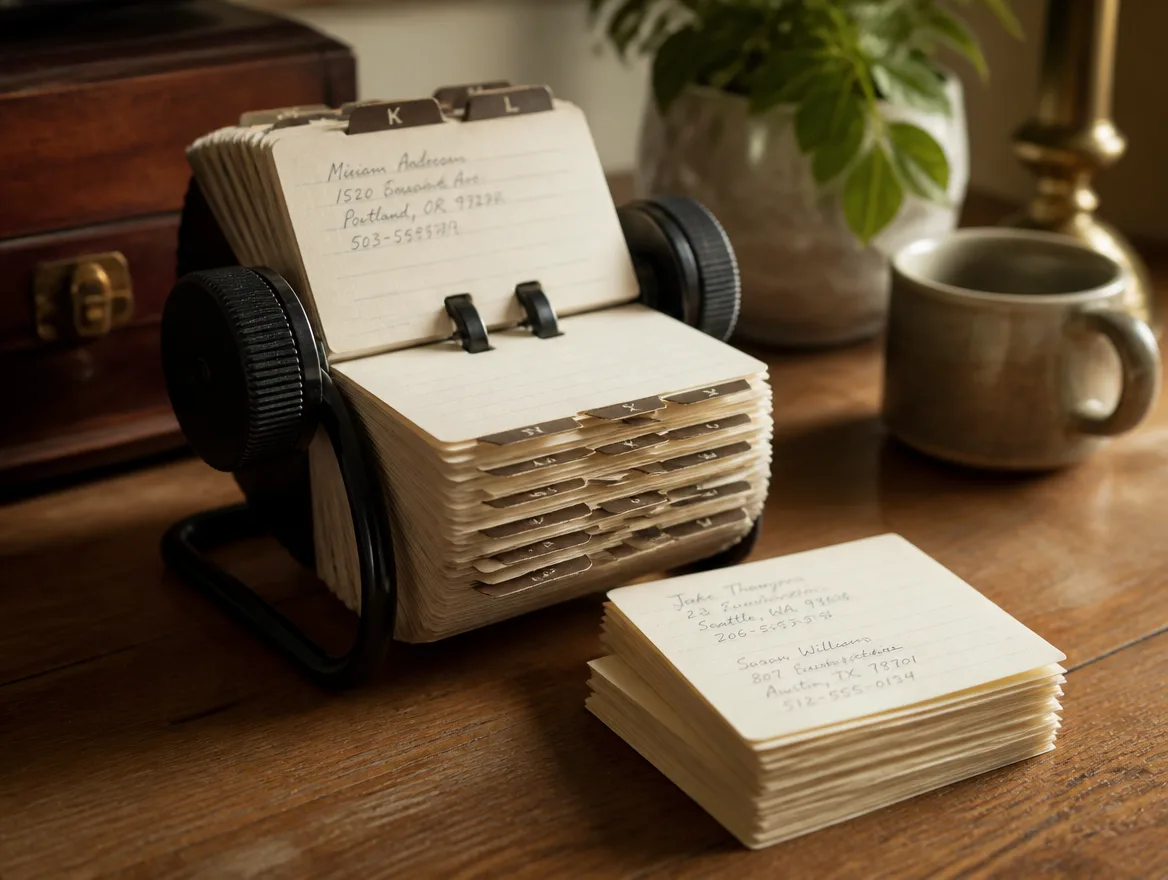 A Rolodex and a stack of handwritten contact cards on a wooden desk in warm light.