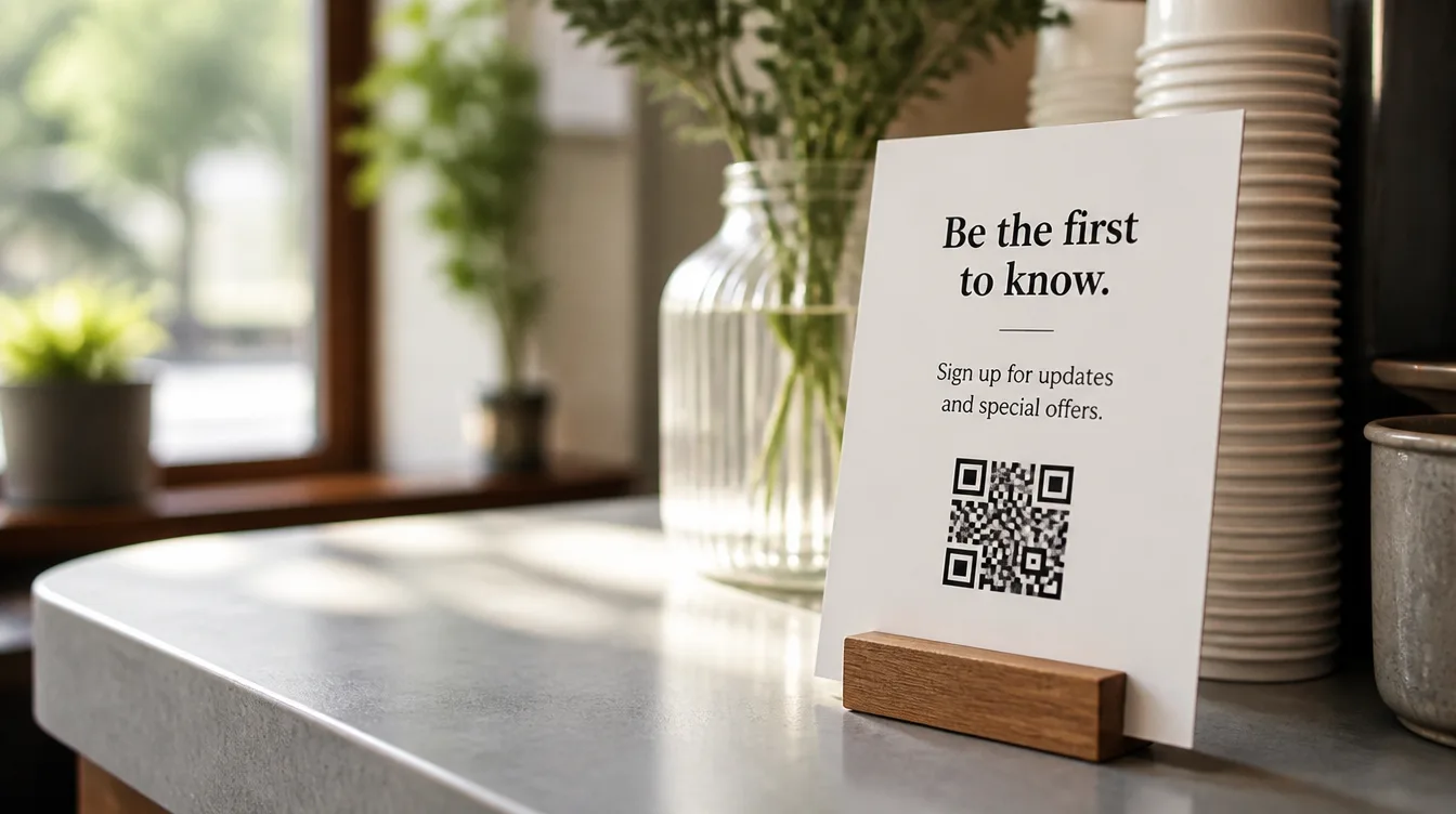 A printed sign-up card with a QR code standing on a cafe counter in soft daylight.