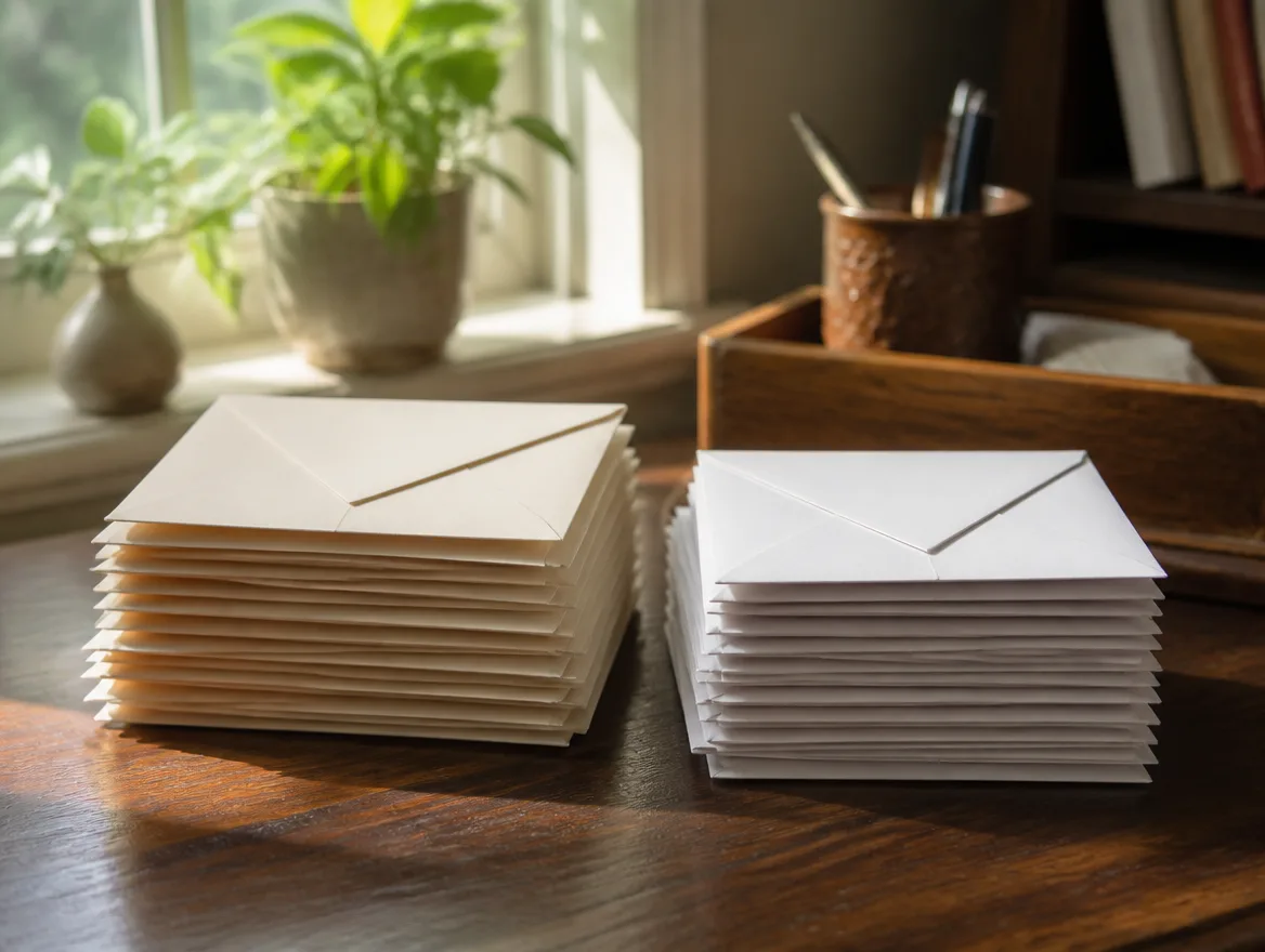 Sorted stacks of envelopes split into two neat piles on a desk in warm light.