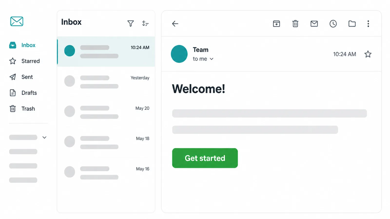 An inbox showing an opened welcome email with a friendly greeting and a call-to-action button
