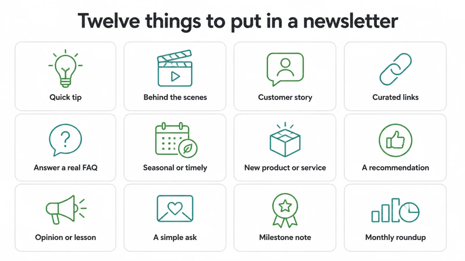 Grid of twelve newsletter ideas, from a quick tip to a monthly roundup