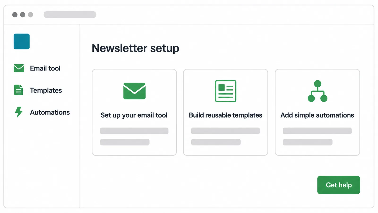 Simple screen showing the three parts of a newsletter setup: tool, templates and automations