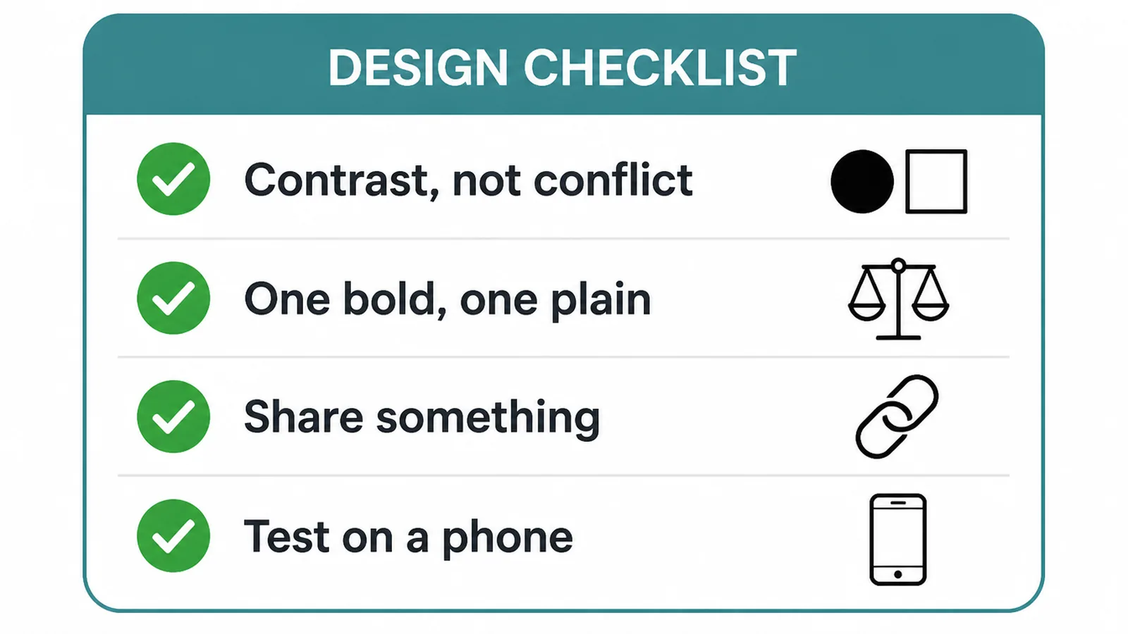 Checklist of four checks for pairing fonts well, each marked with a green tick.