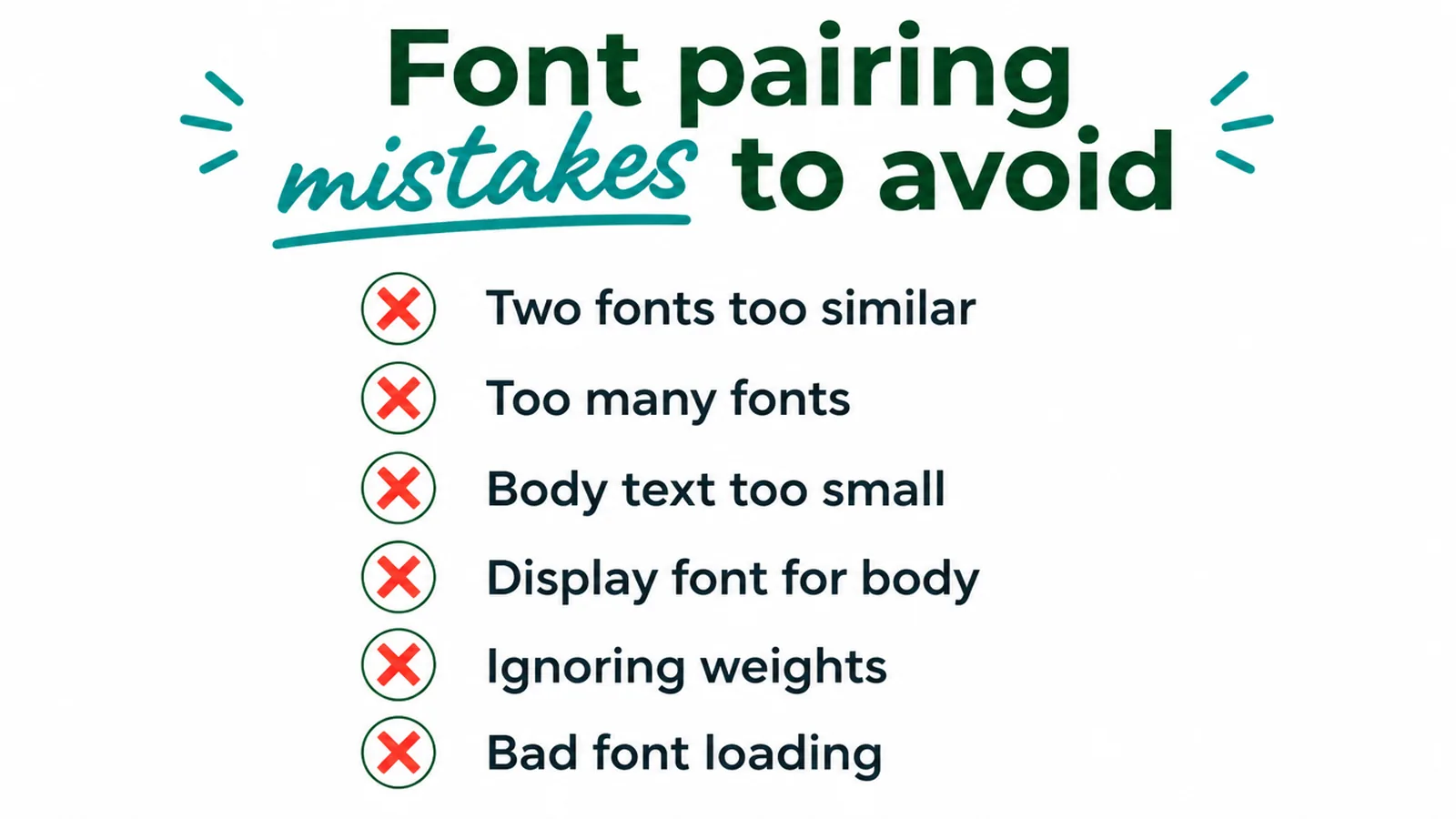 Checklist of six font pairing mistakes to avoid, each marked with a red cross.