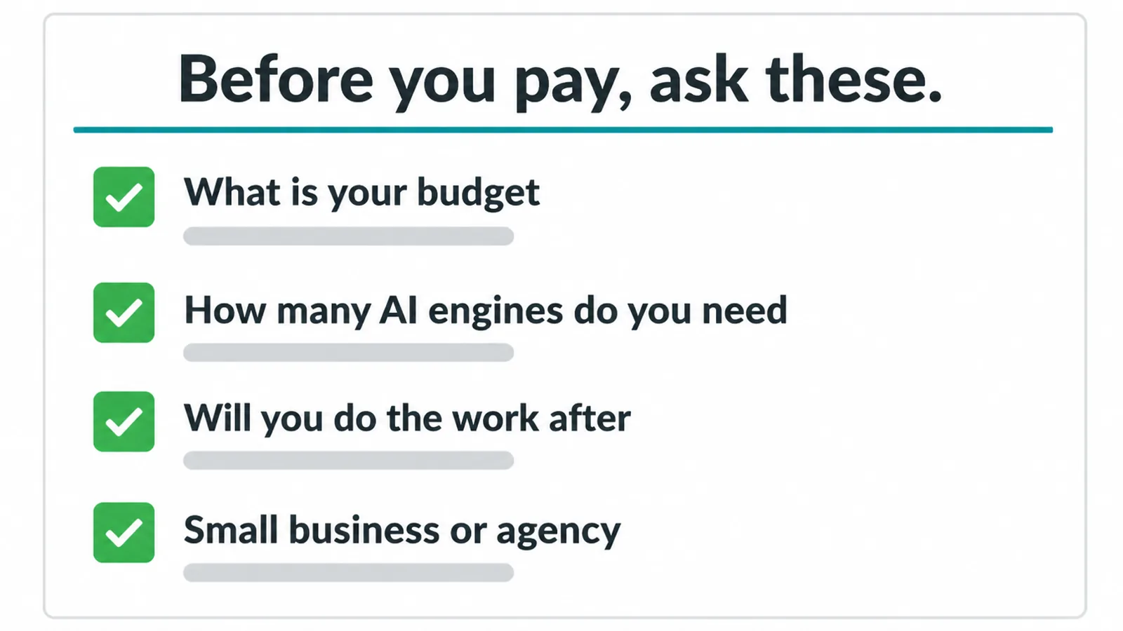 Checklist of four questions to answer before paying for a GEO tool.