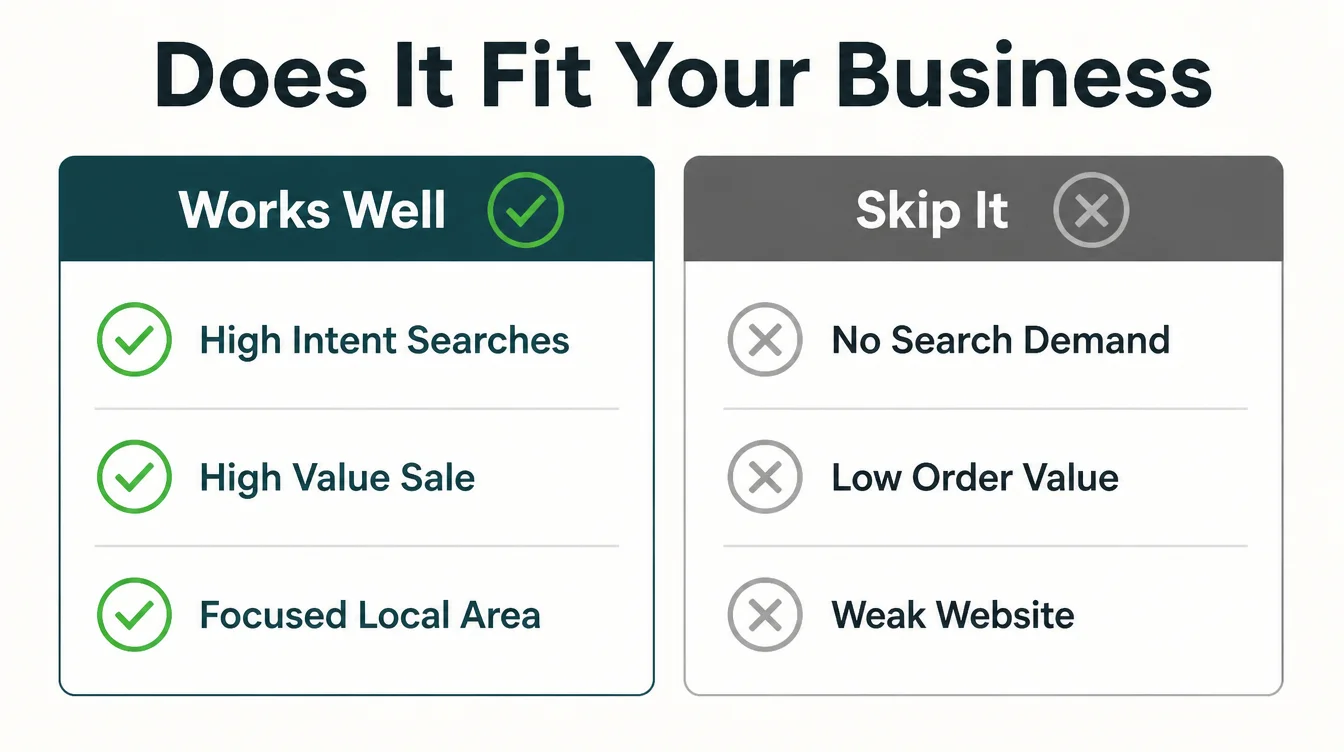 A two column checklist comparing traits where Google Ads works well against traits where it should be skipped.