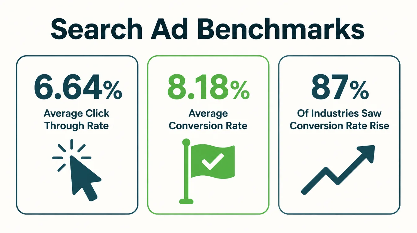 Three stat cards showing average search ad click-through rate, average conversion rate