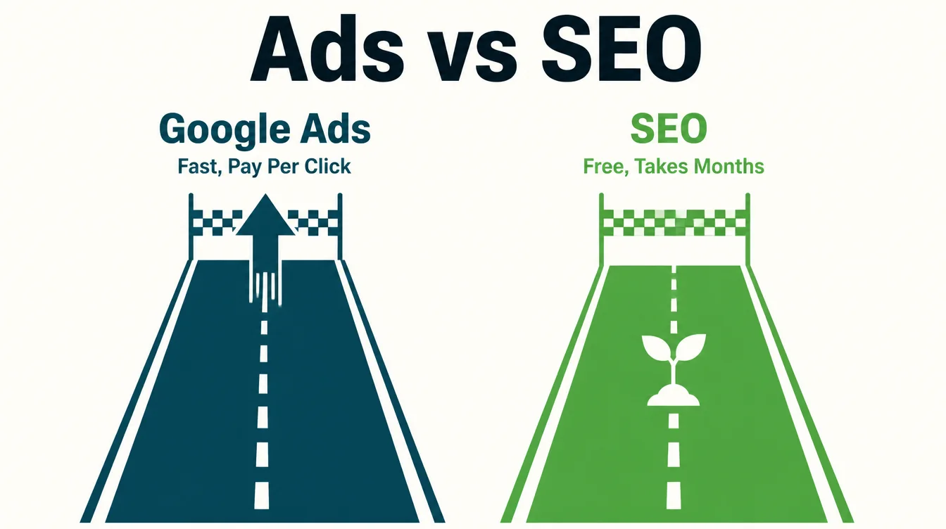 Two side by side lanes comparing Google Ads as a fast pay per click route against SEO as a free but slower growing route.