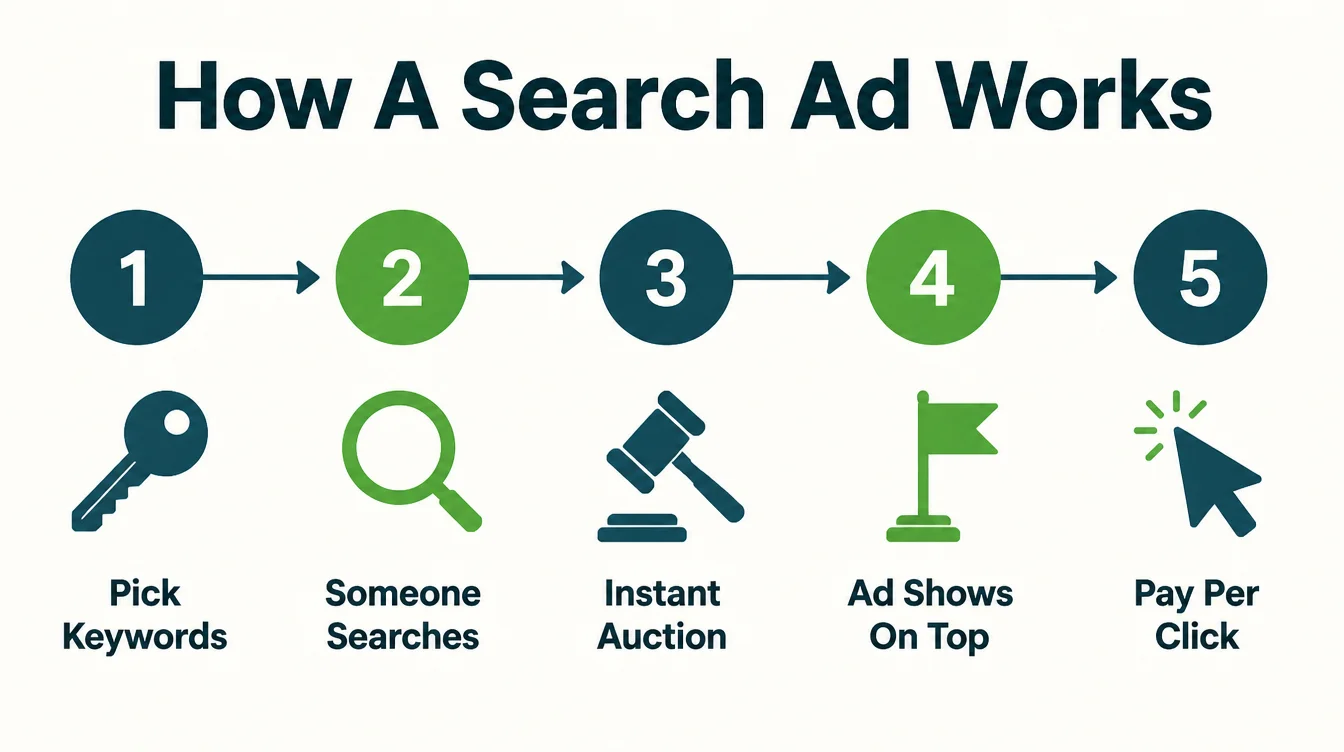 A five step flow showing how a search ad works, from picking keywords to an instant auction to paying only per click.