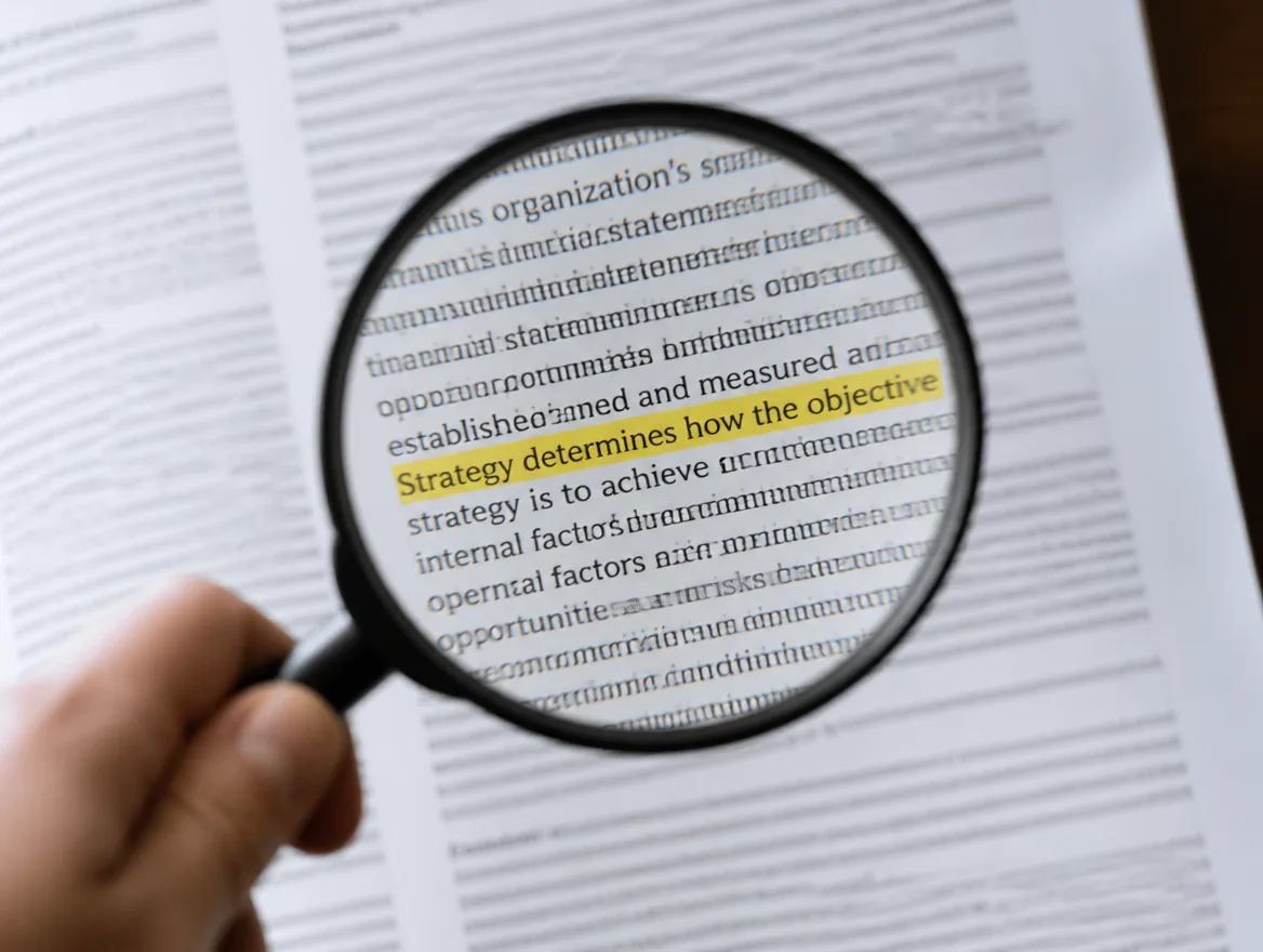 A magnifying glass held over a printed page with one single line highlighted in yellow.
