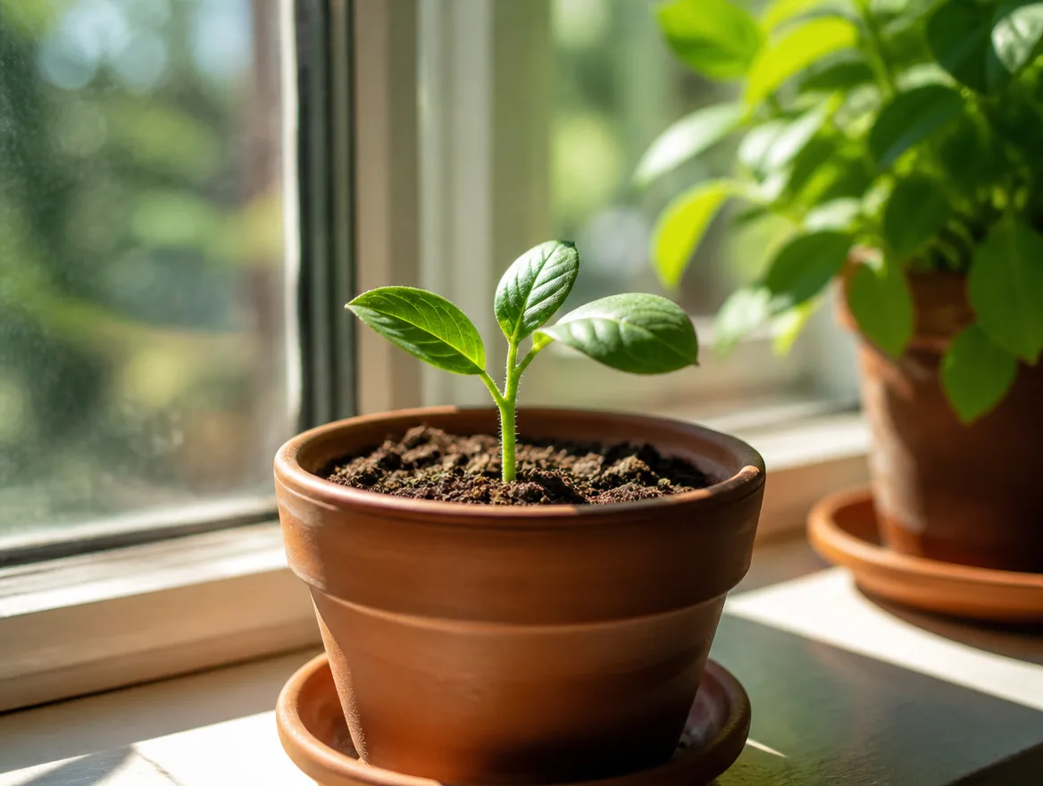 A small young green seedling growing in a pot on a sunny windowsill.