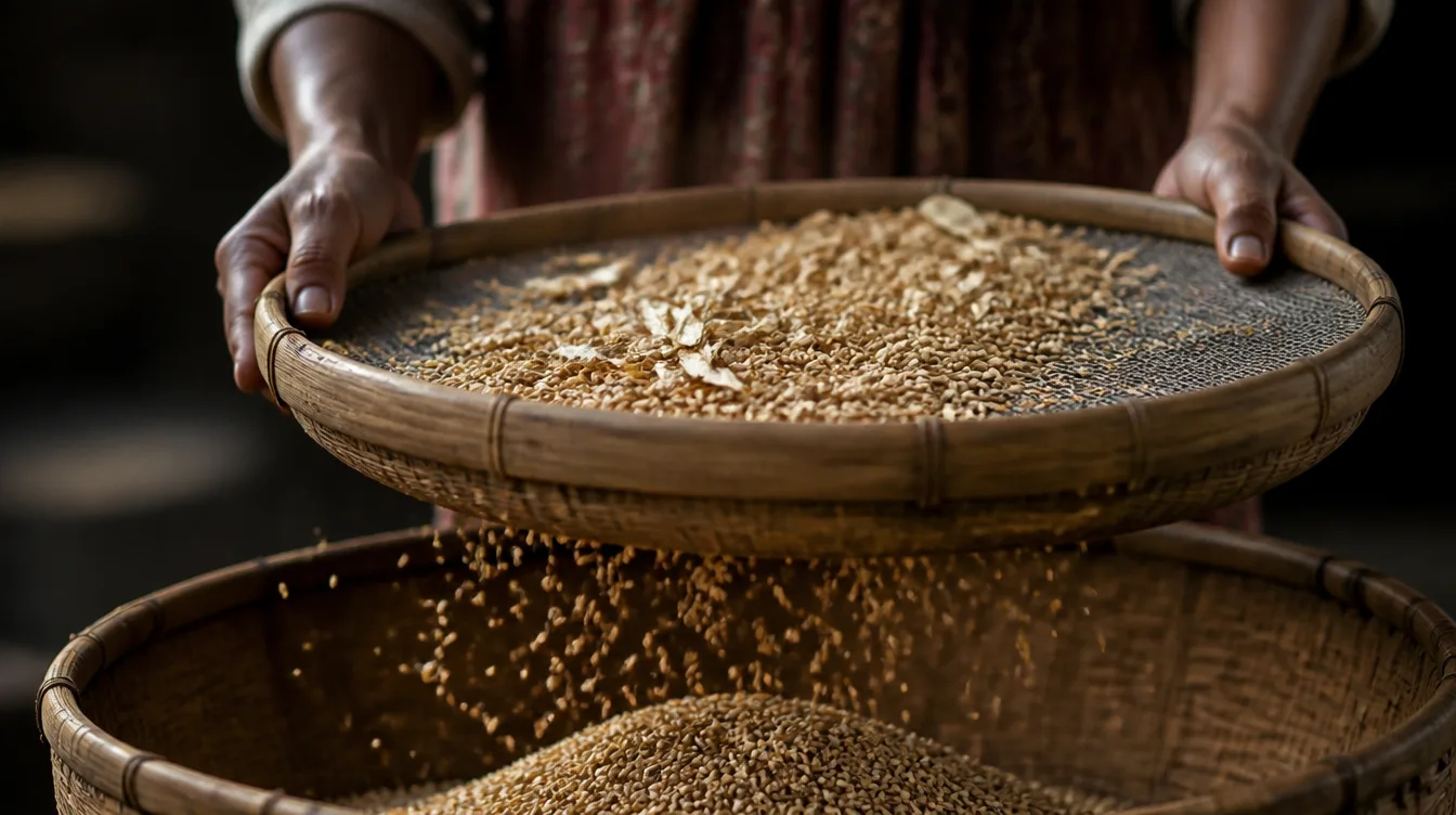 Grain being filtered through a sieve, the good grain falling through and chaff staying behind.