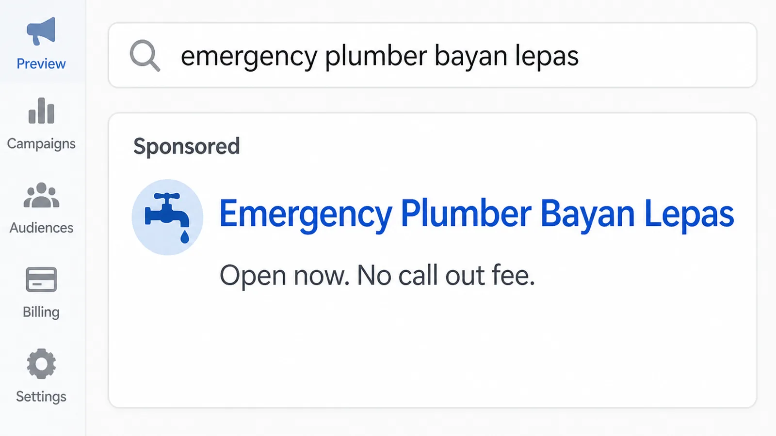 A search query beside an ad whose headline repeats it with a specific offer