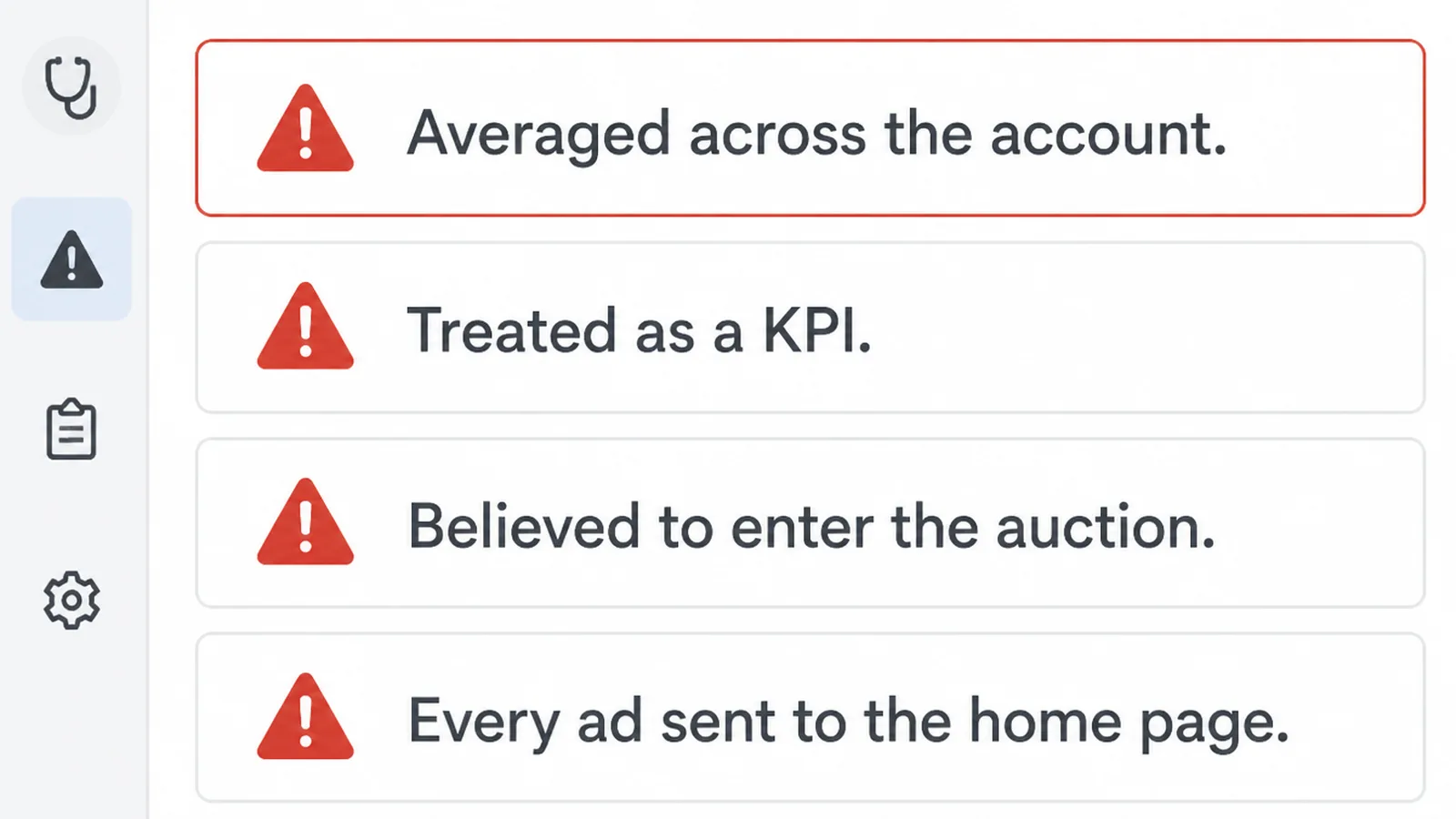 A diagnostics screen listing four Quality Score mistakes, the first one outlined in red