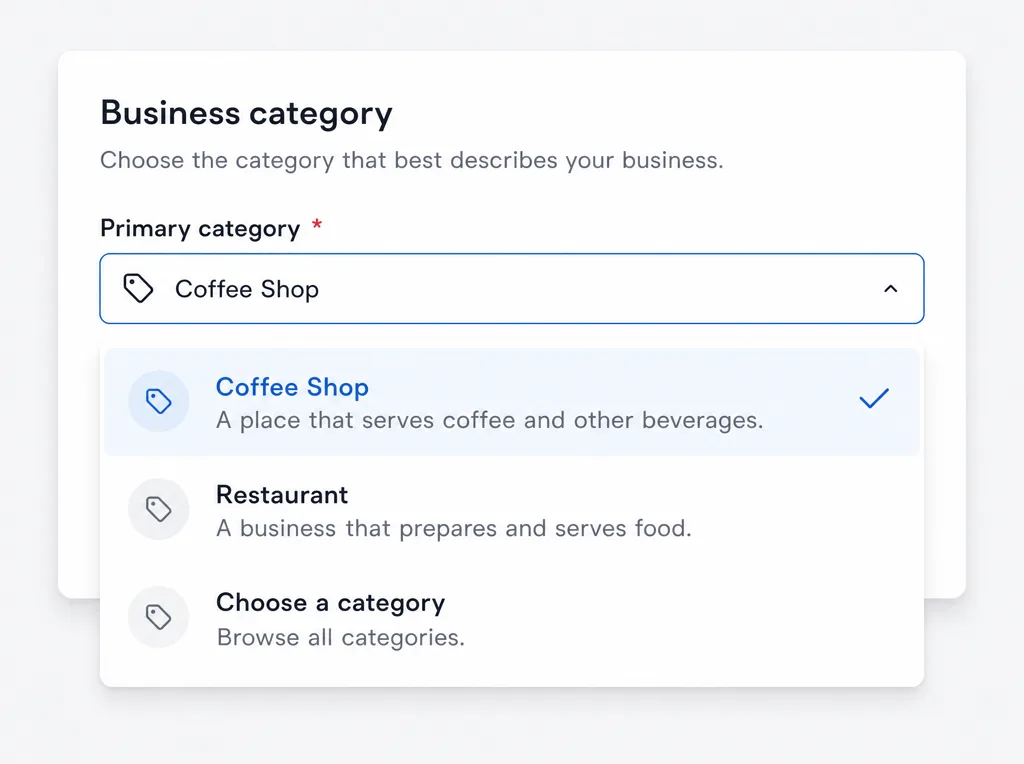 The Google Business Profile category field with a specific primary category chosen over a generic one.