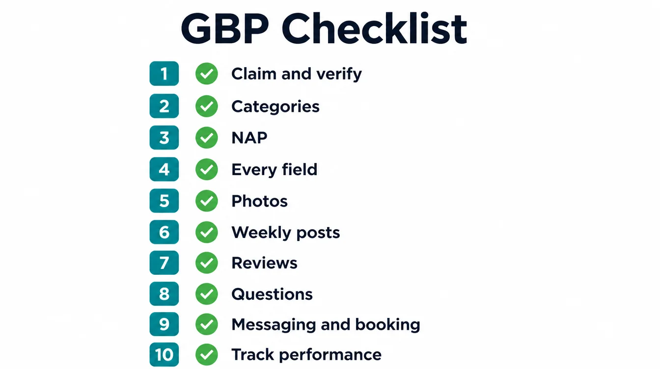 A ten item Google Business Profile optimization checklist with a number badge and a checkmark next to each step.