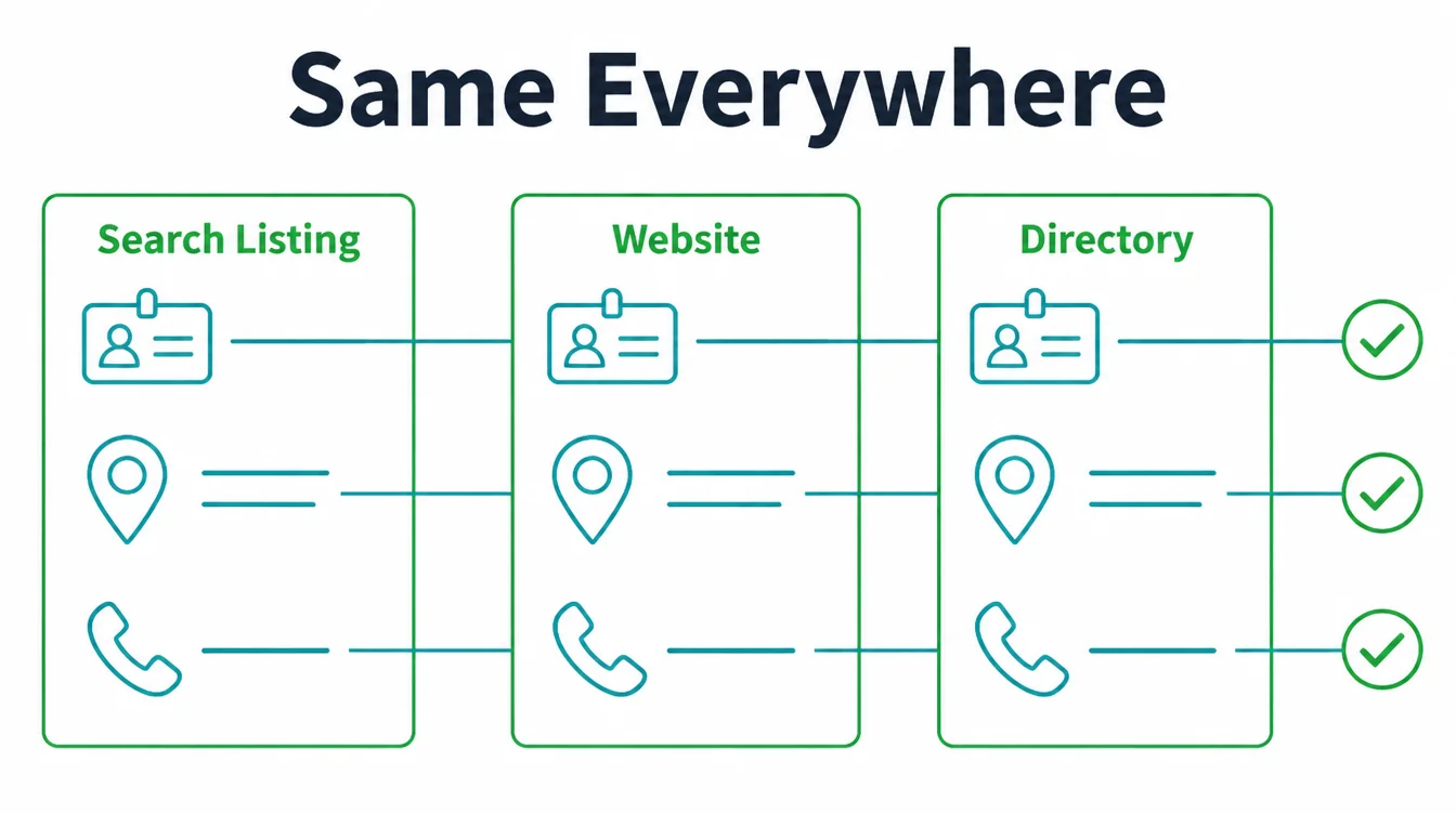 Three listing cards, search listing, website, and directory, with matching name, address, and phone icons.