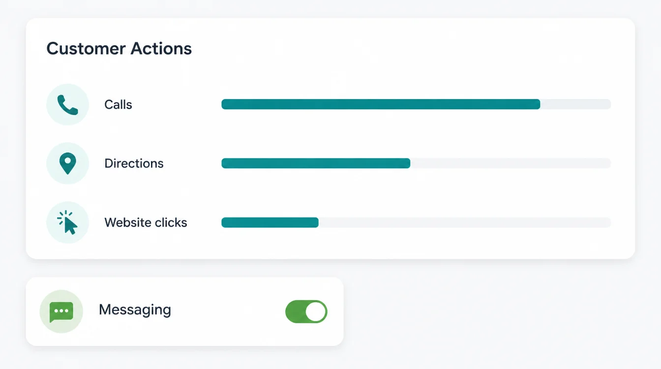 A customer actions dashboard with calls, directions, and website clicks rows, plus a messaging toggle switched on.