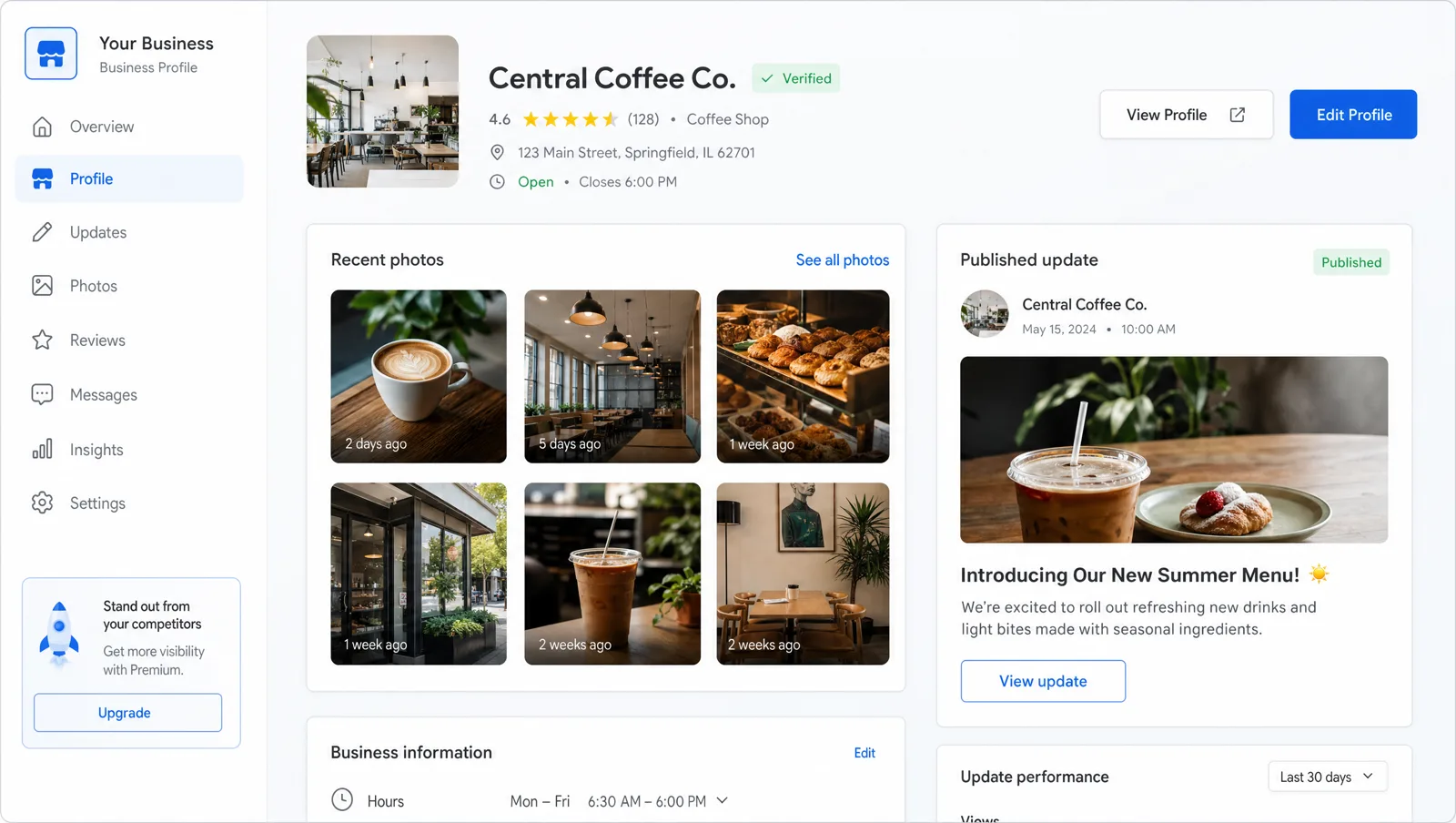 A Google Business Profile showing recent photos and a published Google Post update.