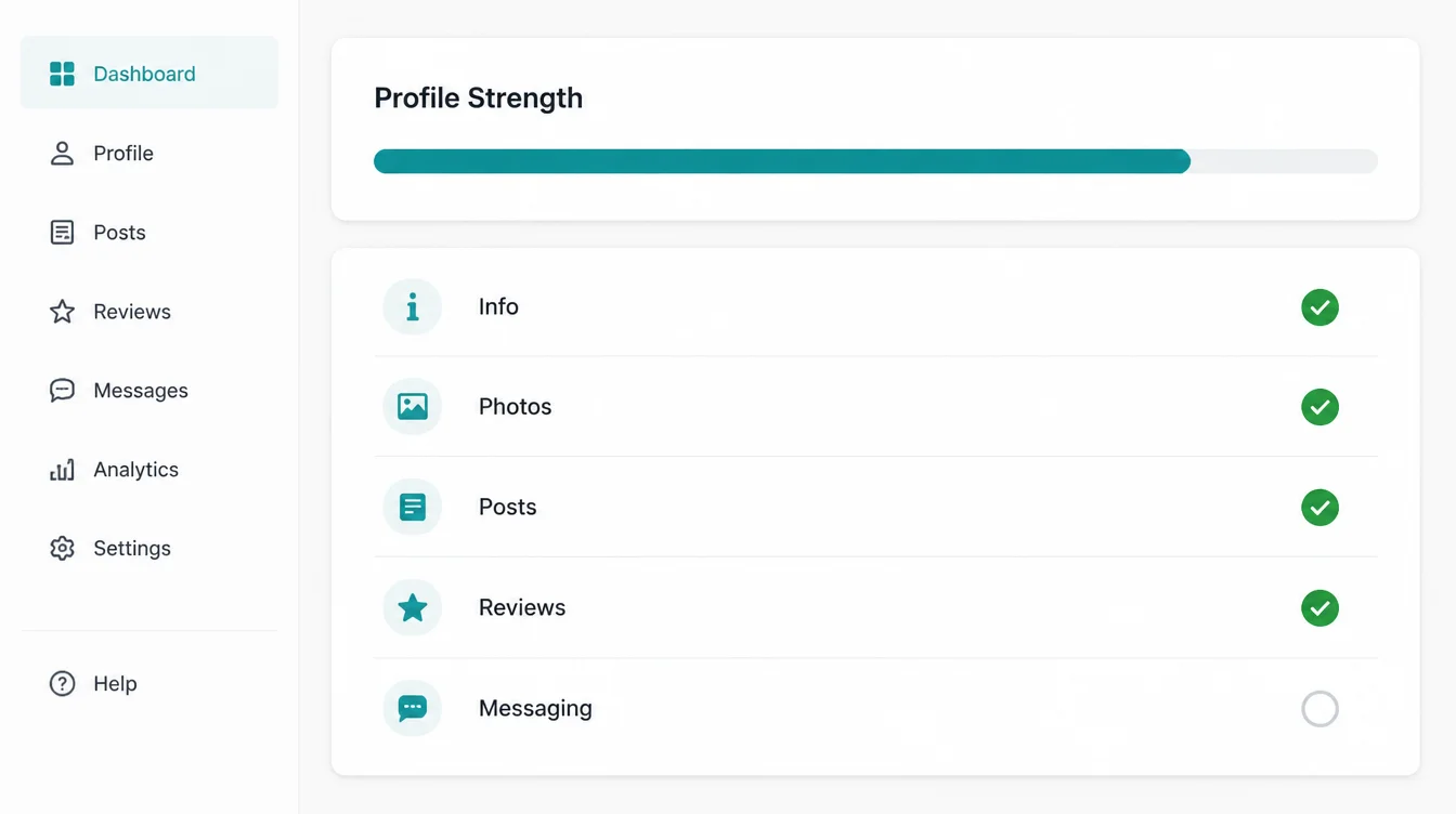 A profile strength dashboard with a progress bar and a checklist of info, photos, posts, reviews, and messaging.