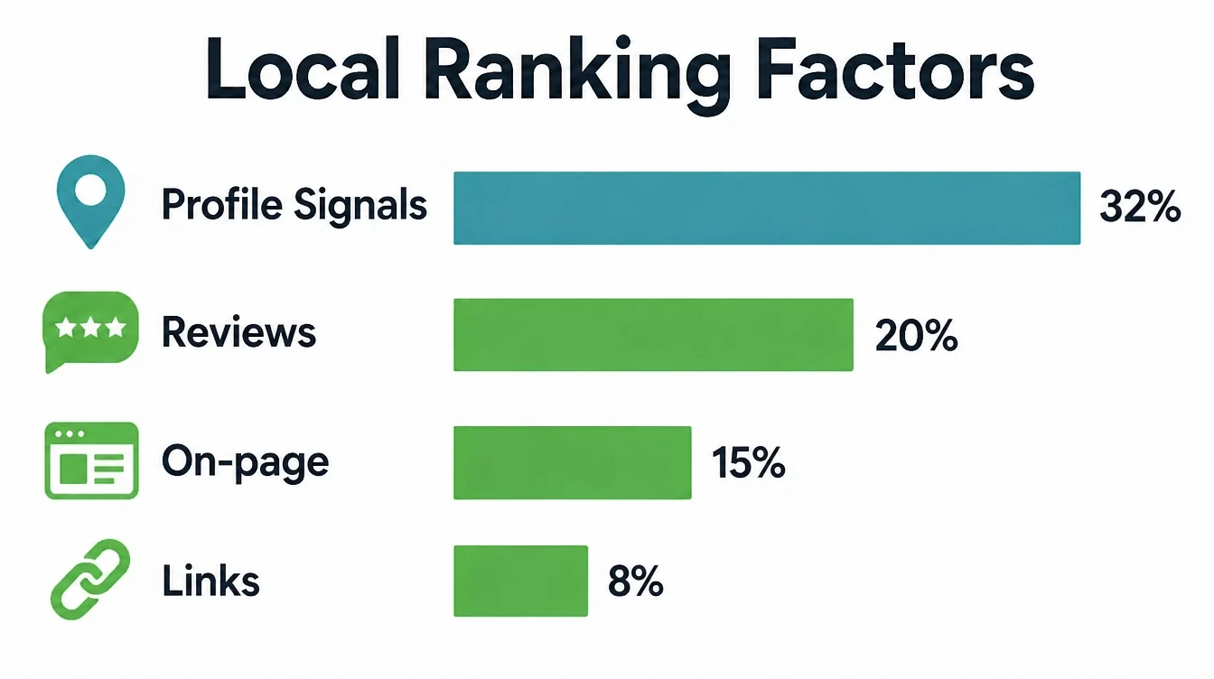 Bar chart of Whitespark's 2026 local pack factors: profile signals 32%, reviews 20%, on-page signals 15%, and links 8%.