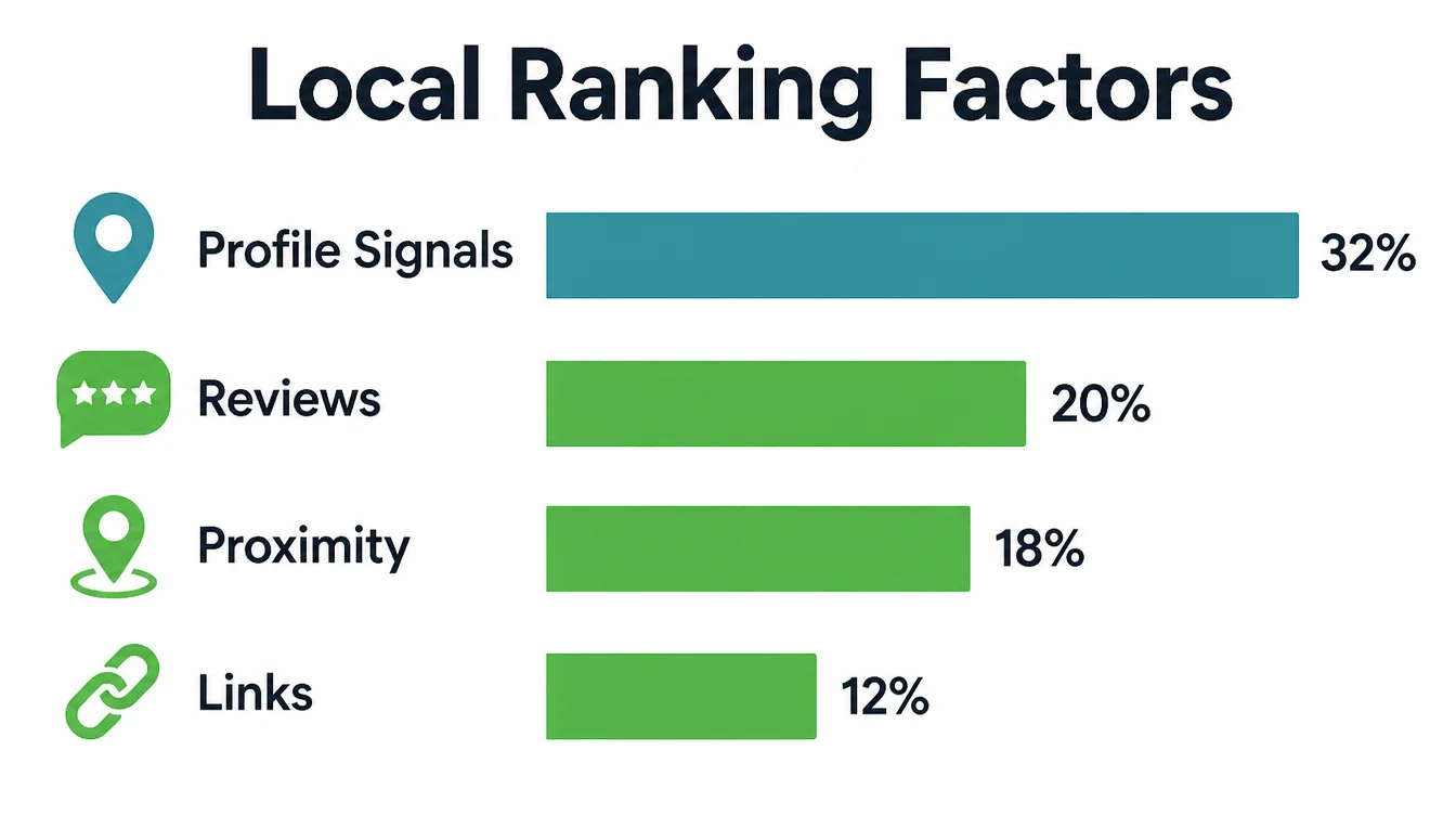 A bar chart of local pack ranking factors, with profile signals the longest bar at 32 percent.