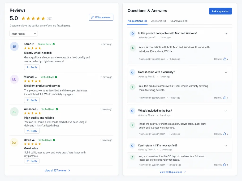 A reviews panel with recent five star reviews next to a Google Business Profile questions and answers section.