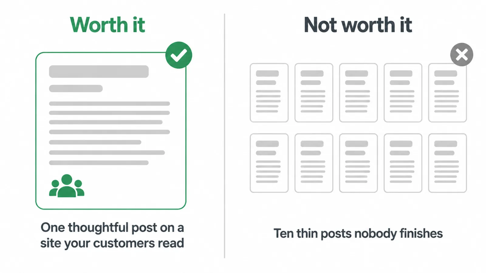 Comparison showing one thoughtful guest post next to ten thin posts nobody finishes.