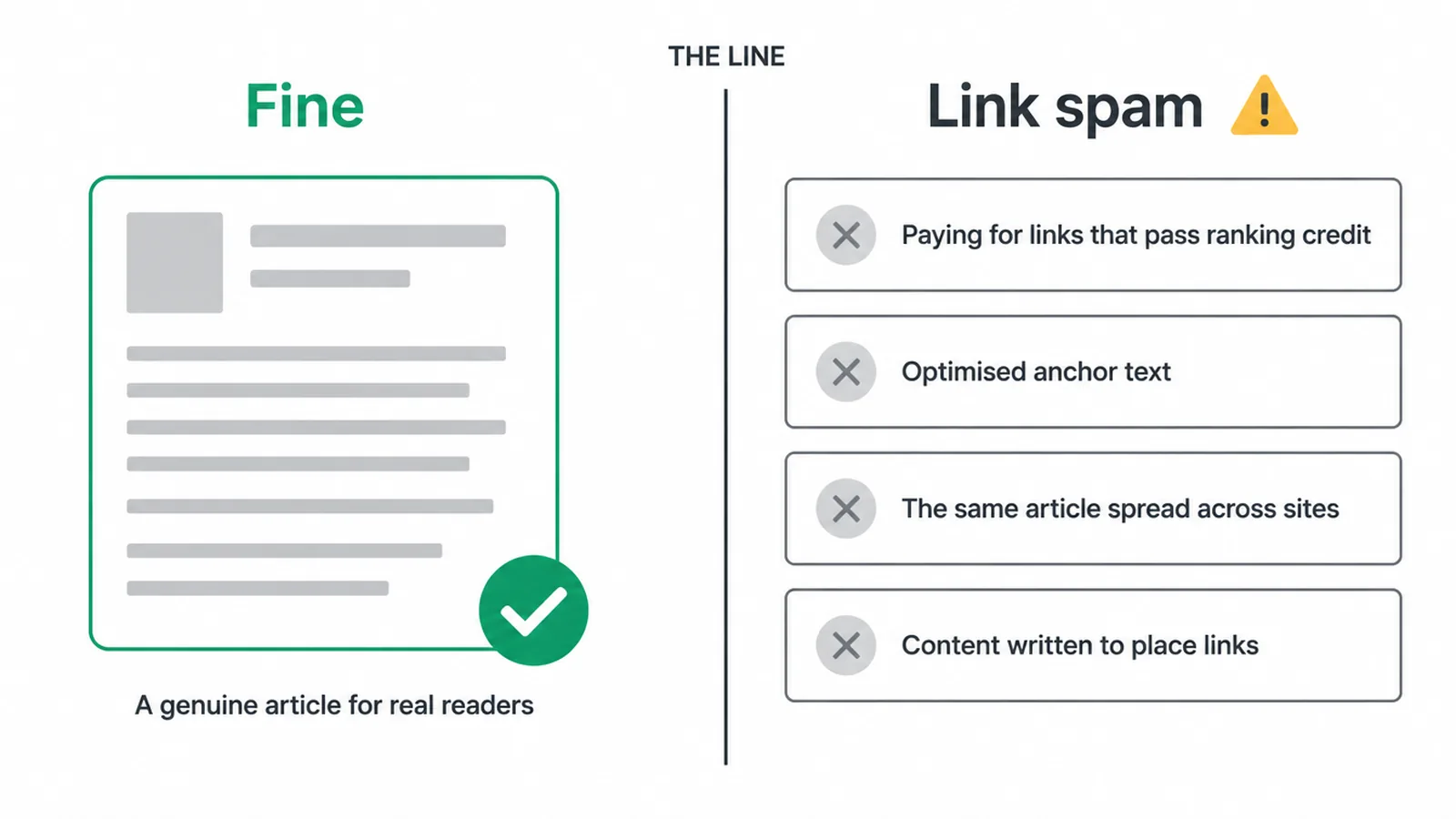 Diagram of the line between a genuine guest article and the four link spam patterns Google names.