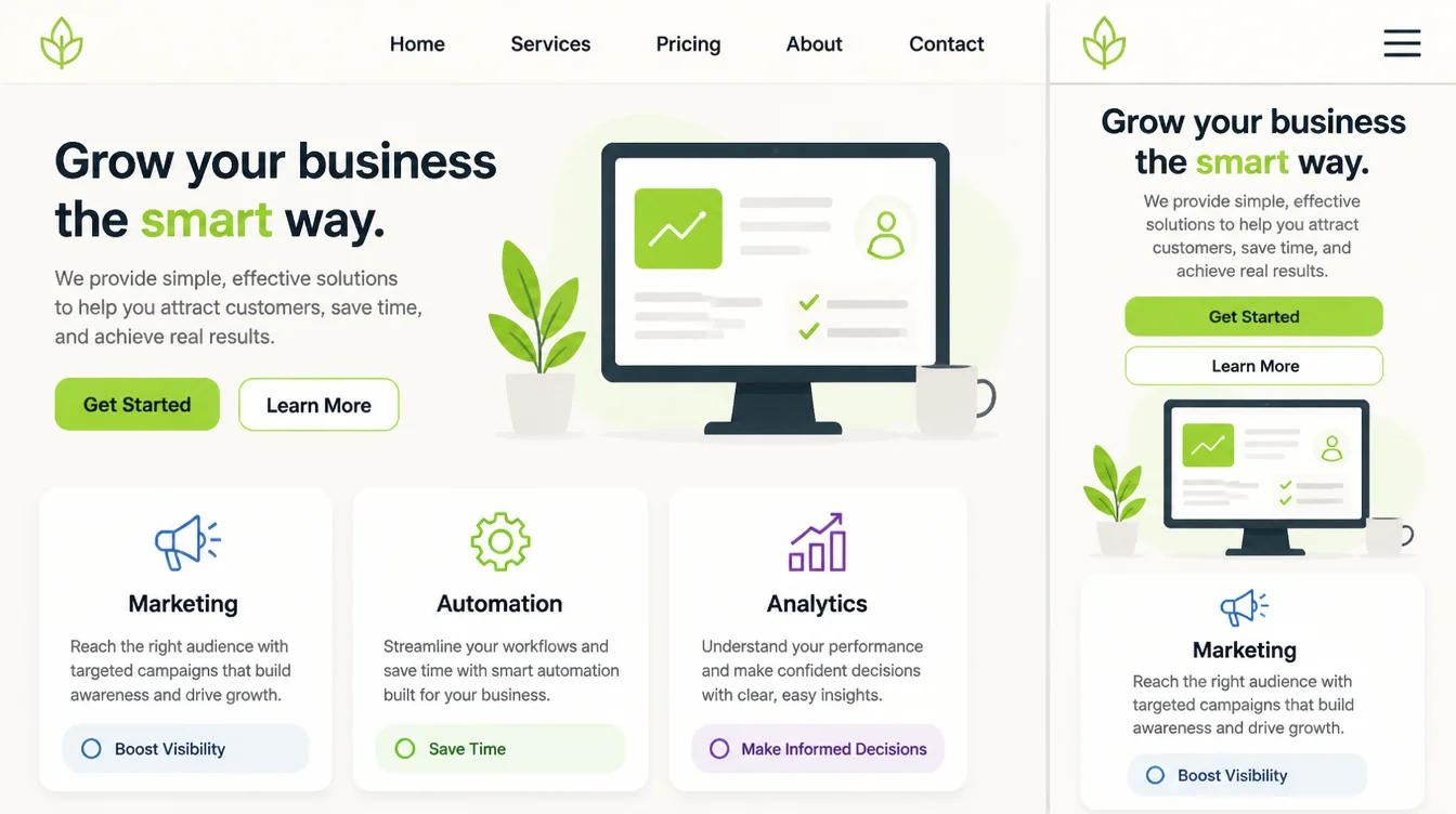 The same site header at two widths, a full link bar on the wide one and a single icon on the narrow one