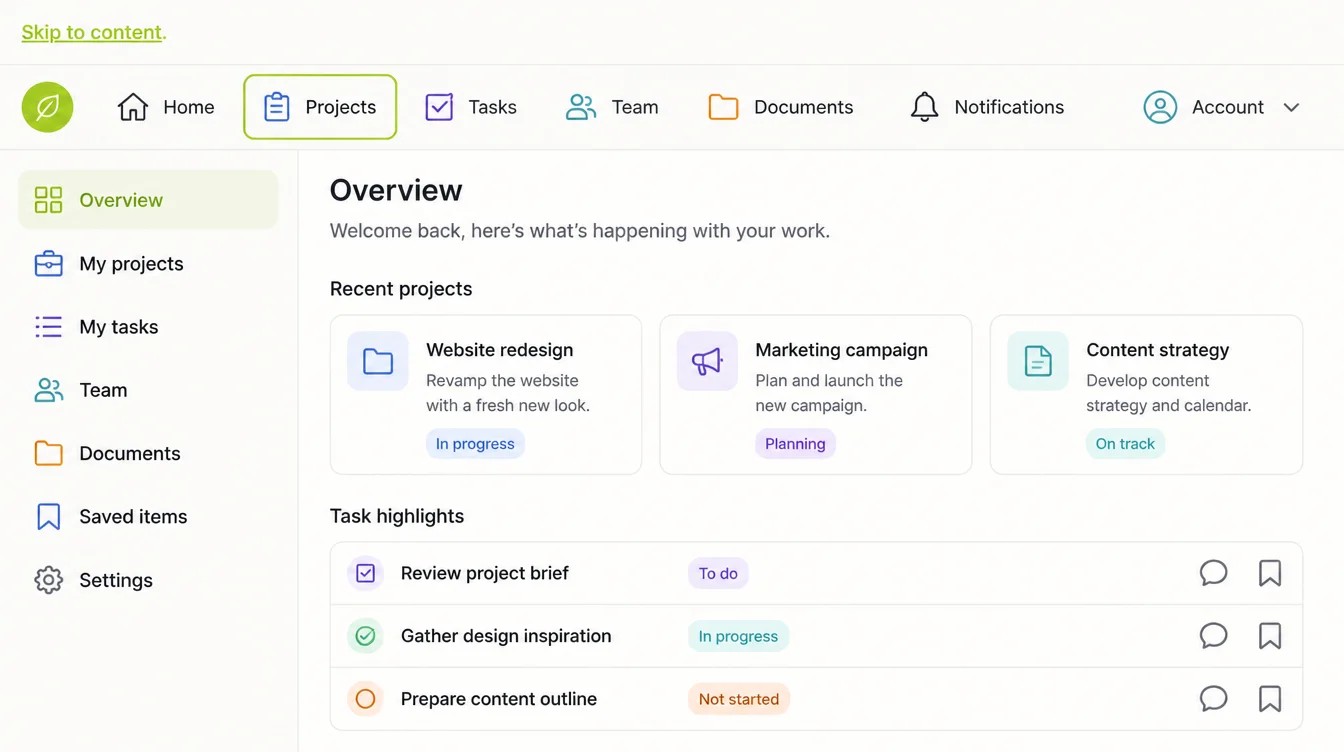 A navigation bar with a clear focus outline on one link and a skip to content control above it