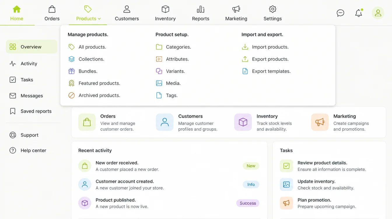 A wide dropdown panel open under one navigation item, its links grouped under three short headings