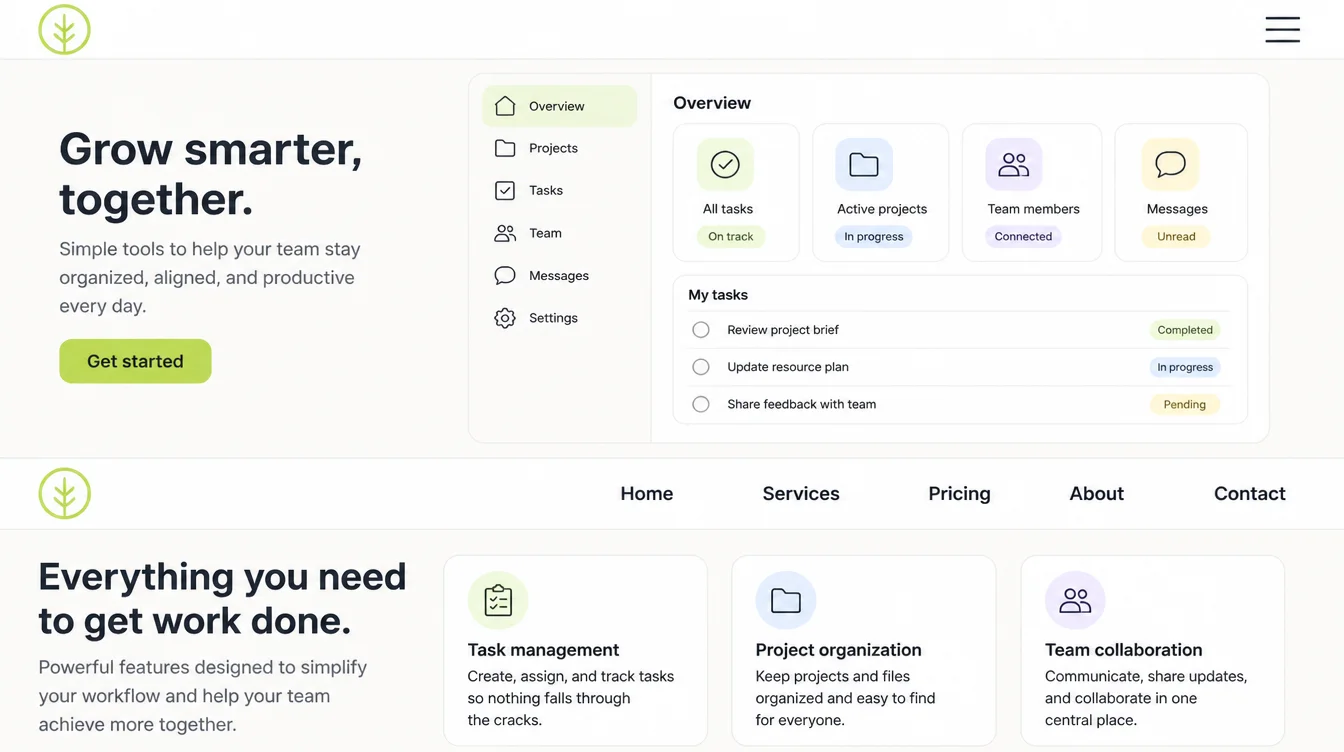A website header shown twice, the upper one with its links hidden behind a single icon and the lower one showing the same five links in a visible bar