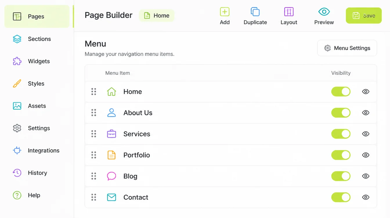 A page builder navigation panel listing menu items with drag handles and a visibility toggle on each