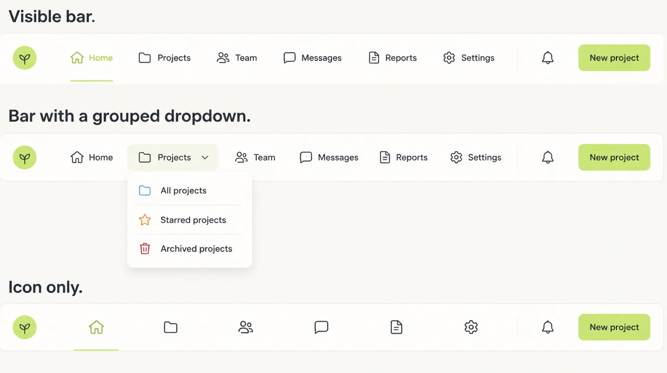 Three navigation headers stacked, labelled Visible bar, Bar with a grouped dropdown, and Icon only