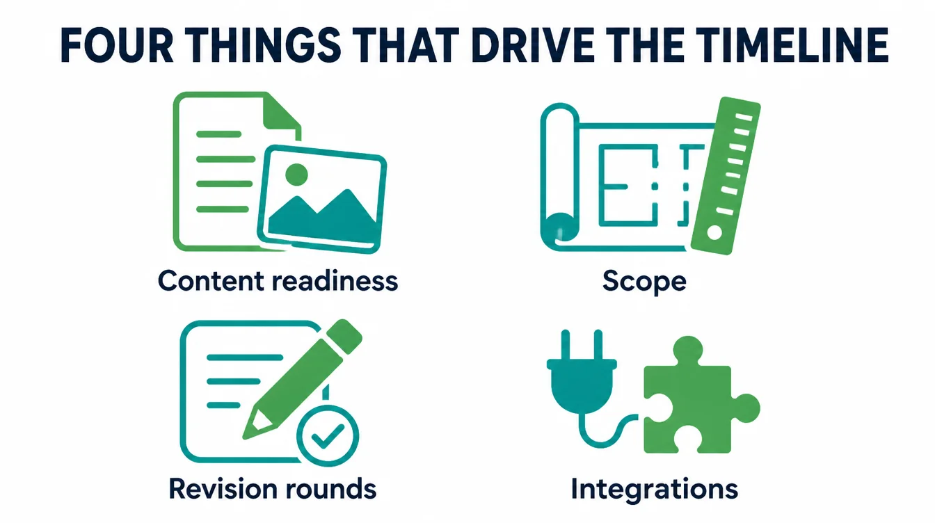 Four icons labelled content readiness, scope, revision rounds, and integrations.