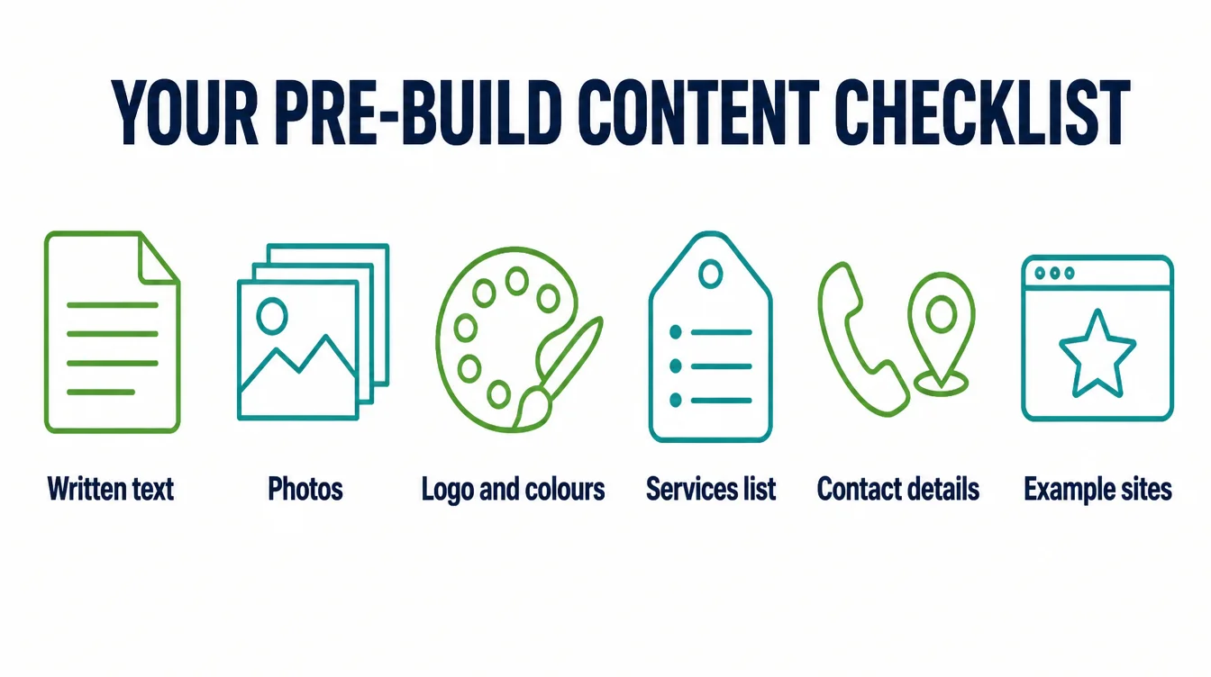 A row of six icons for the pre-build content checklist