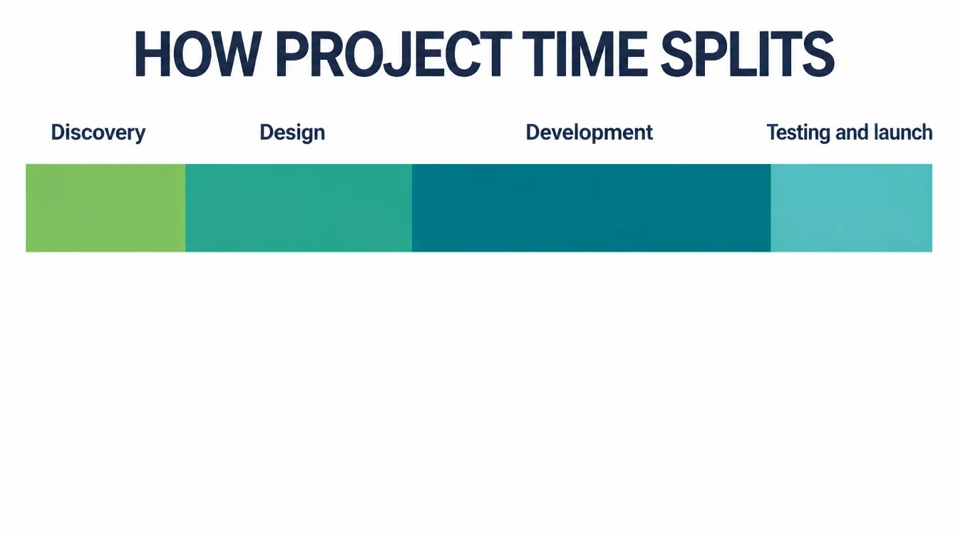 A project timeline showing discovery, design, development, testing, and launch in sequence.