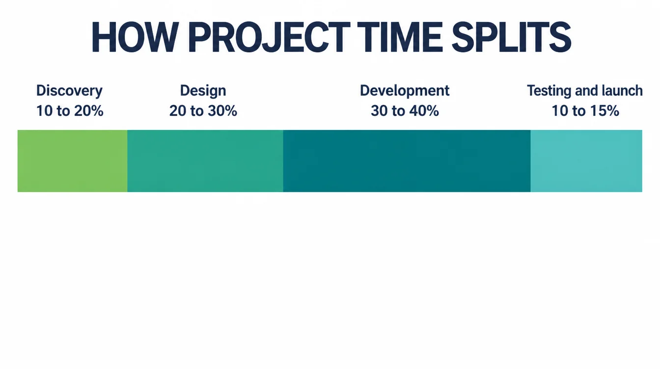 A stacked bar showing discovery, design, development, and testing as shares of total project time.