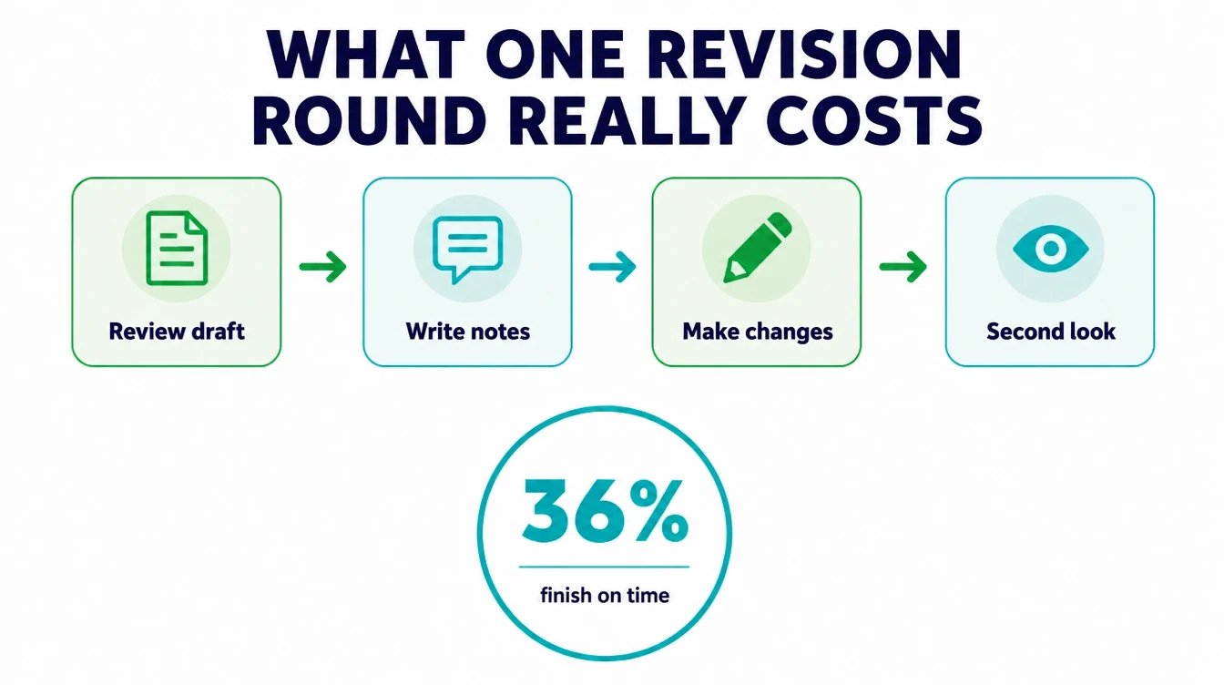 A revision round diagram beside the finding that only 36% of organisations finish projects on time.