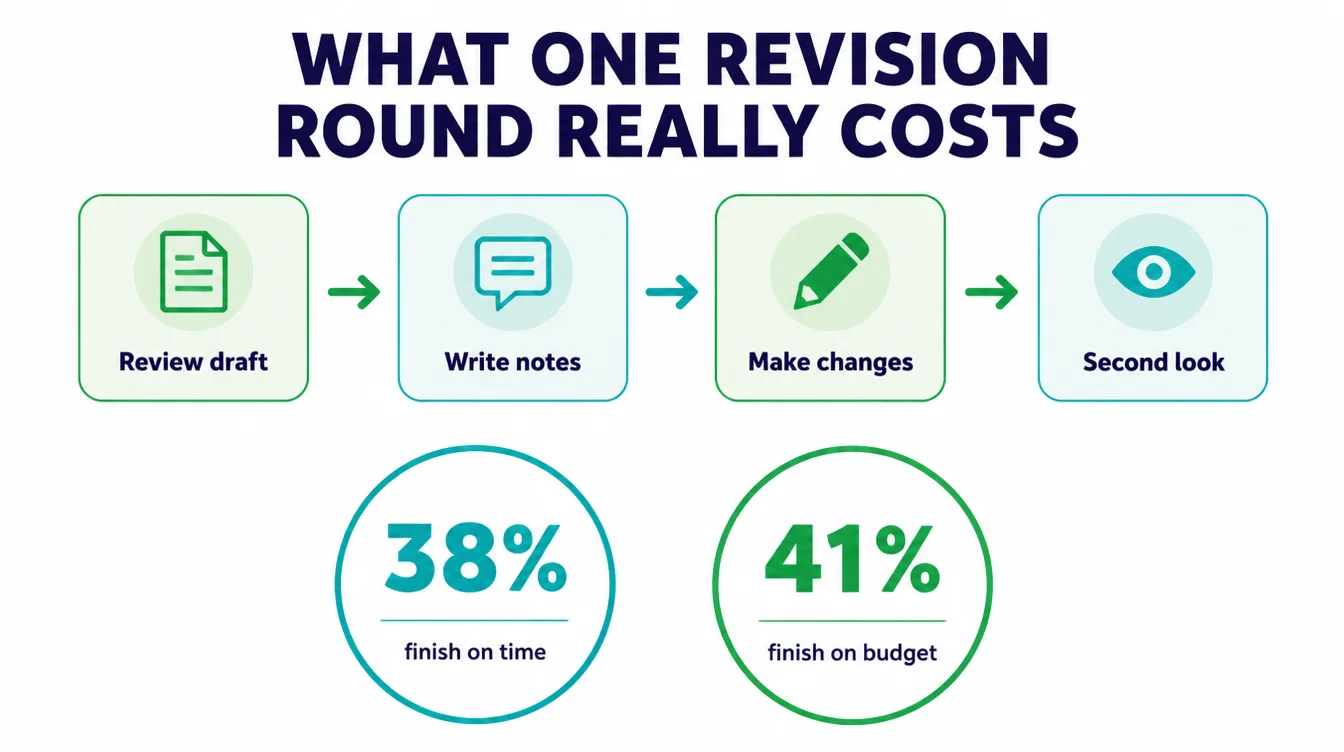 A four-step diagram of a revision round next to two stats, 38 percent finish on time and 41 percent finish on budget.