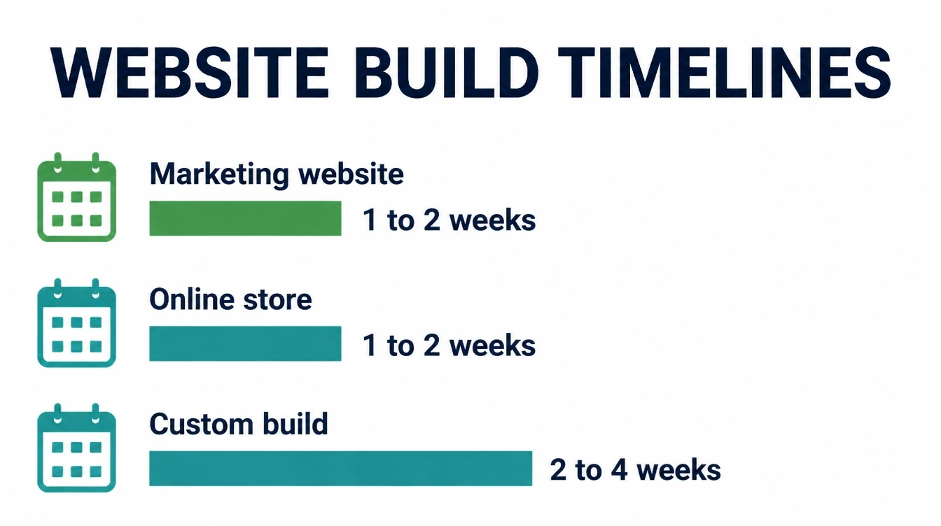A bar comparison showing a marketing site at 1 to 2 weeks next to an online store at 1 to 2 weeks or 2 to 4 weeks for a custom build.
