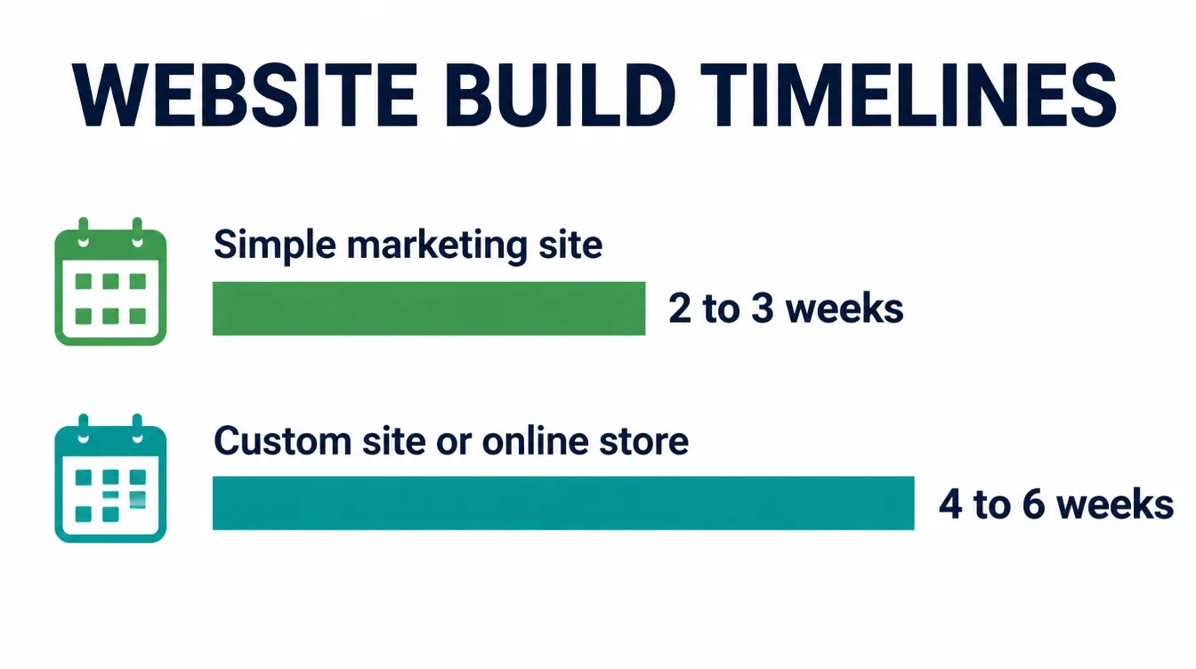 A bar comparison showing a simple marketing site at 2 to 3 weeks next to a custom site or online store at 4 to 6 weeks.