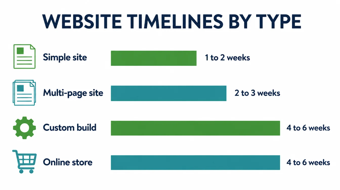 A bar chart comparing elapsed time for a simple site, a multi-page site, a custom build, and an online store.
