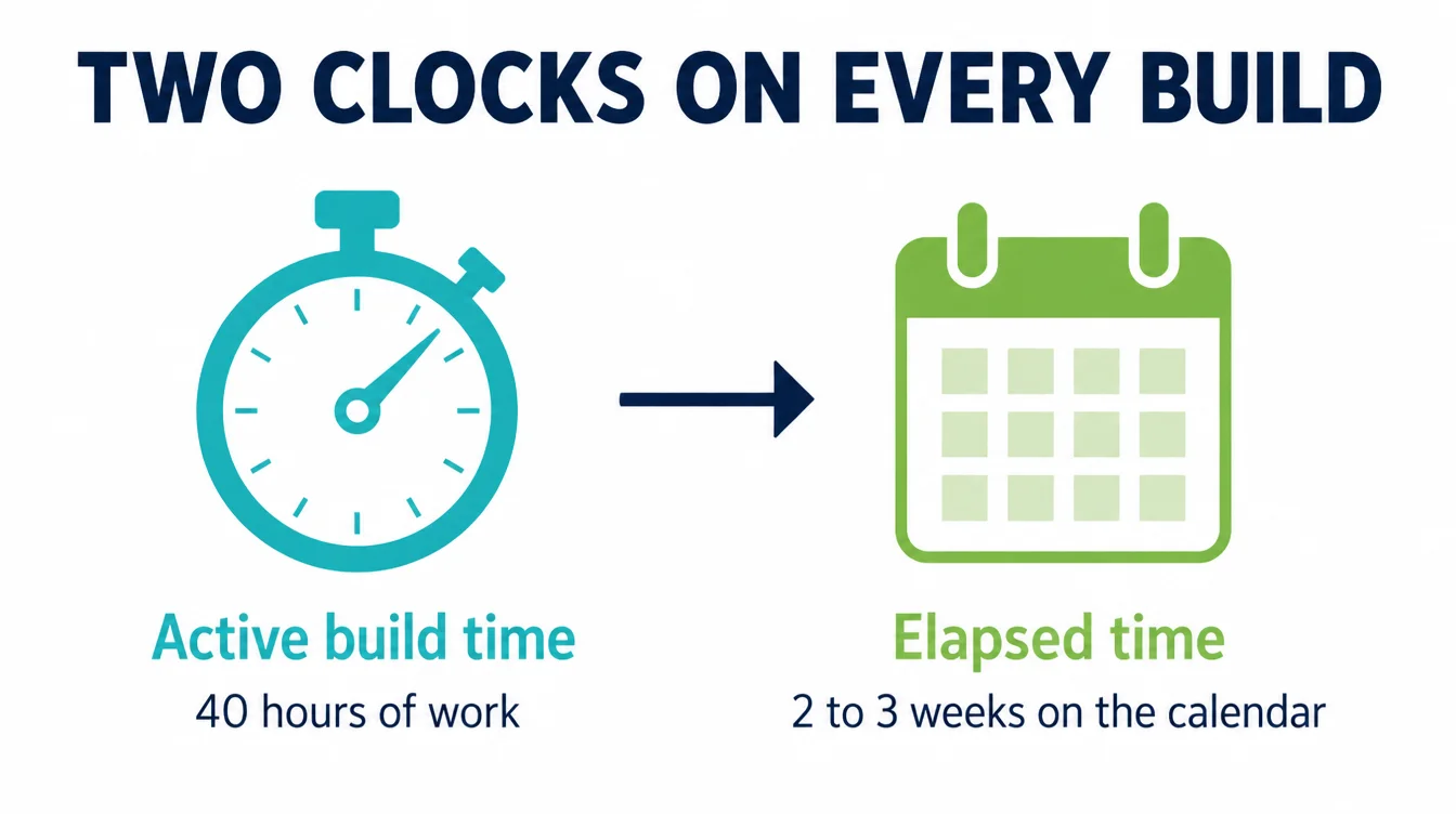 A stopwatch labelled active build time next to a calendar labelled elapsed time