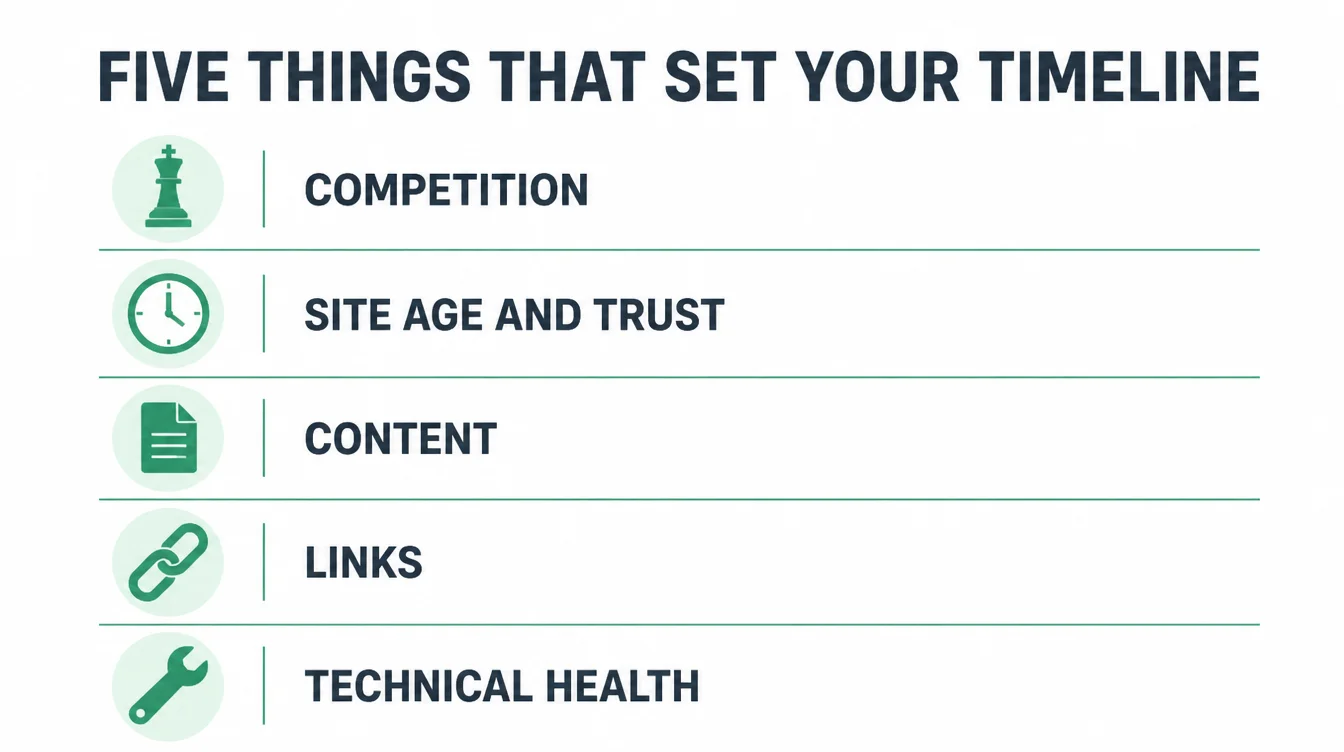 A list of the five things that set your SEO timeline