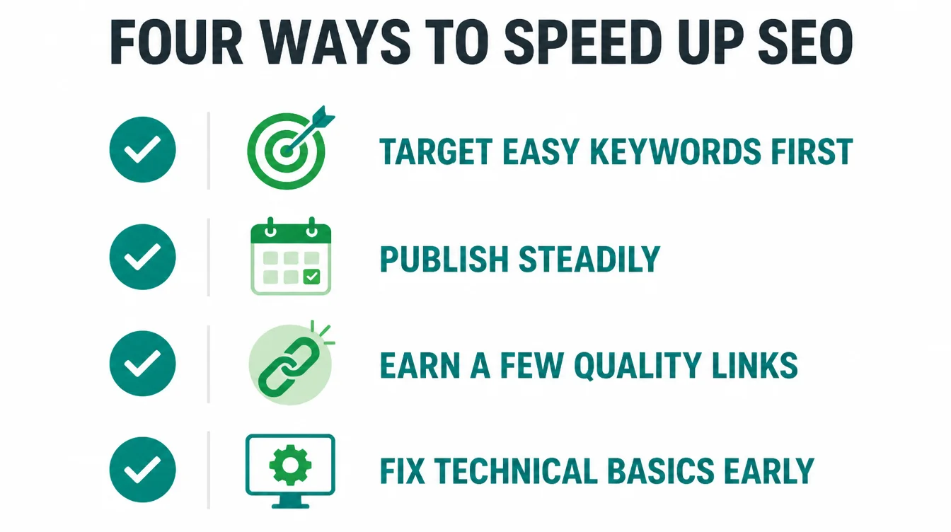A four item checklist: target easy keywords first, publish steadily, earn a few quality links, fix technical basics early.