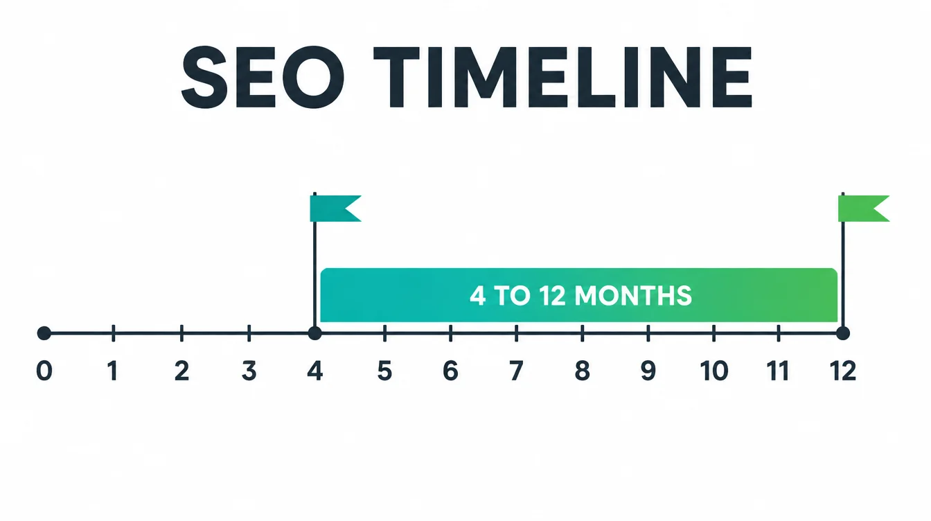 A number line from 0 to 12 months with a highlighted bar spanning month 4 to month 12, marking the realistic SEO timeline.