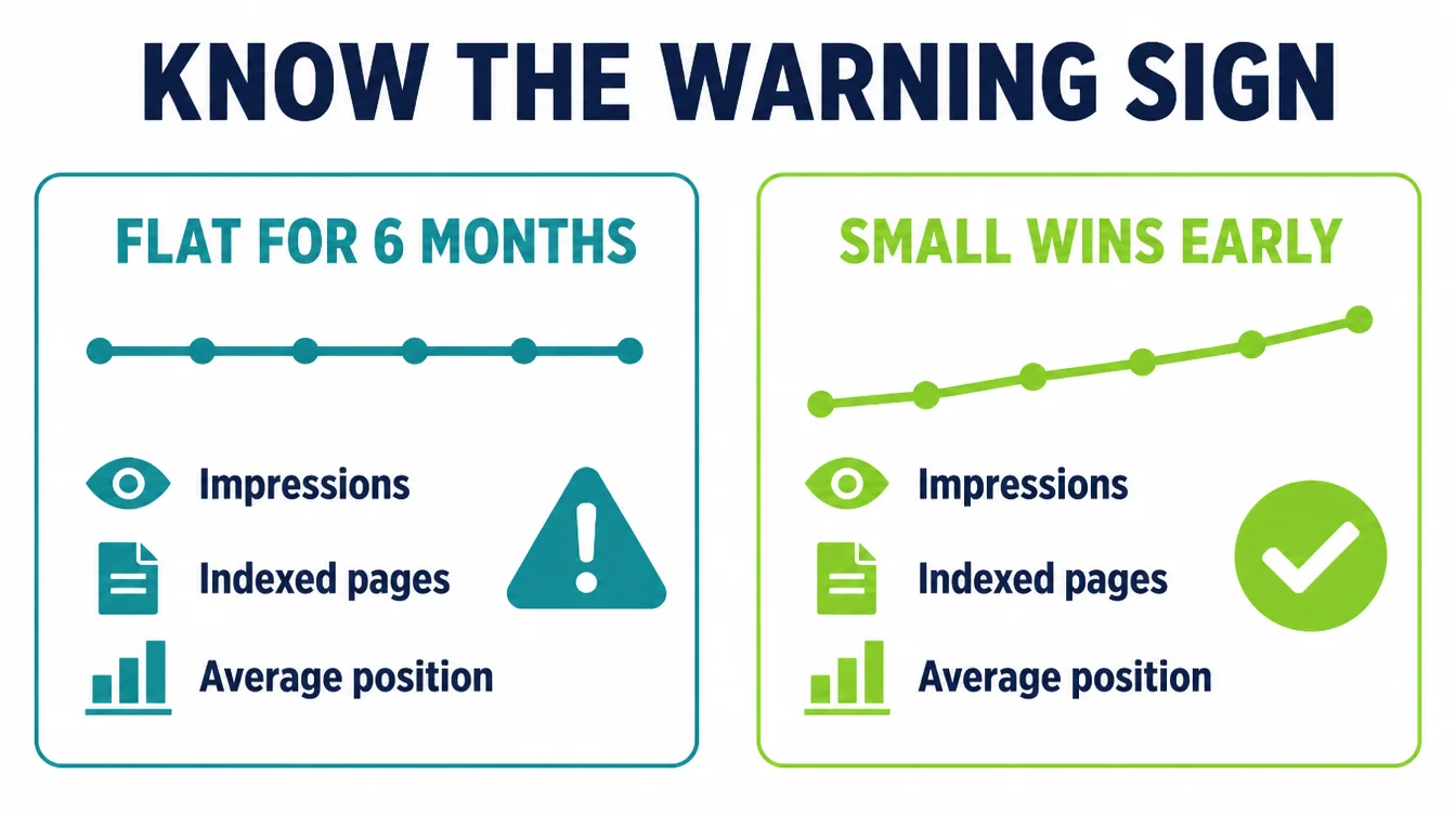 A side by side comparison: impressions, indexed pages, and average position flat for six months with a warning icon