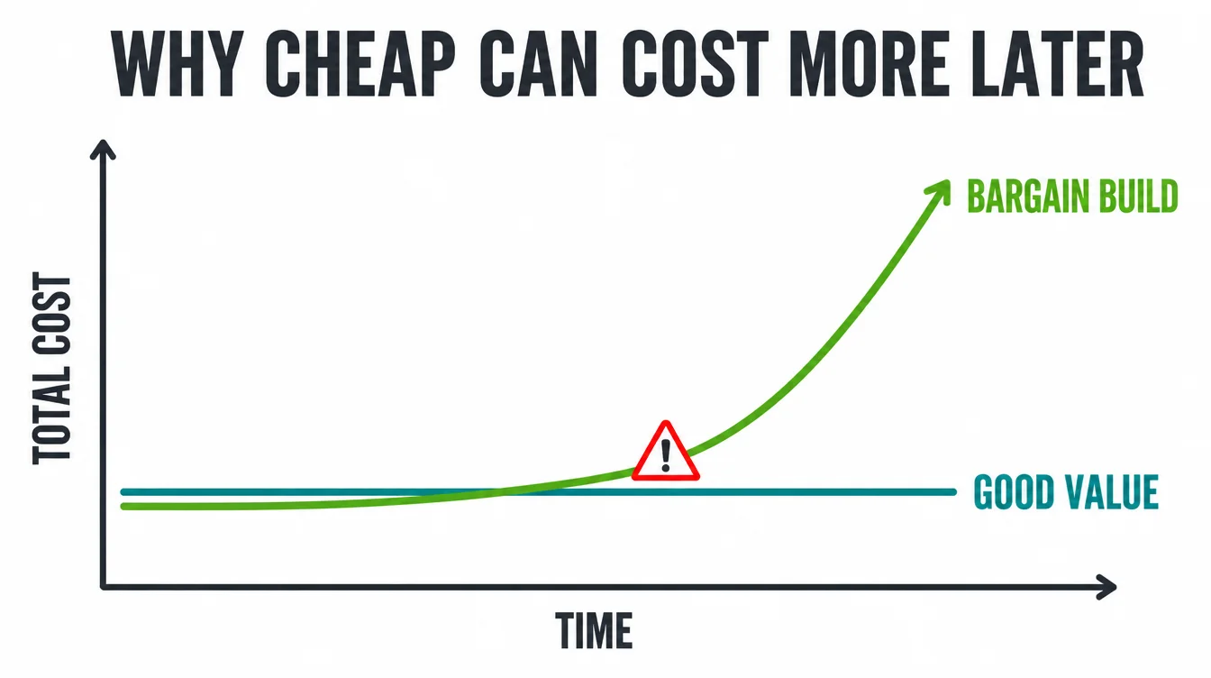 Line chart showing a bargain build's total cost rising sharply over time past a steady good value option